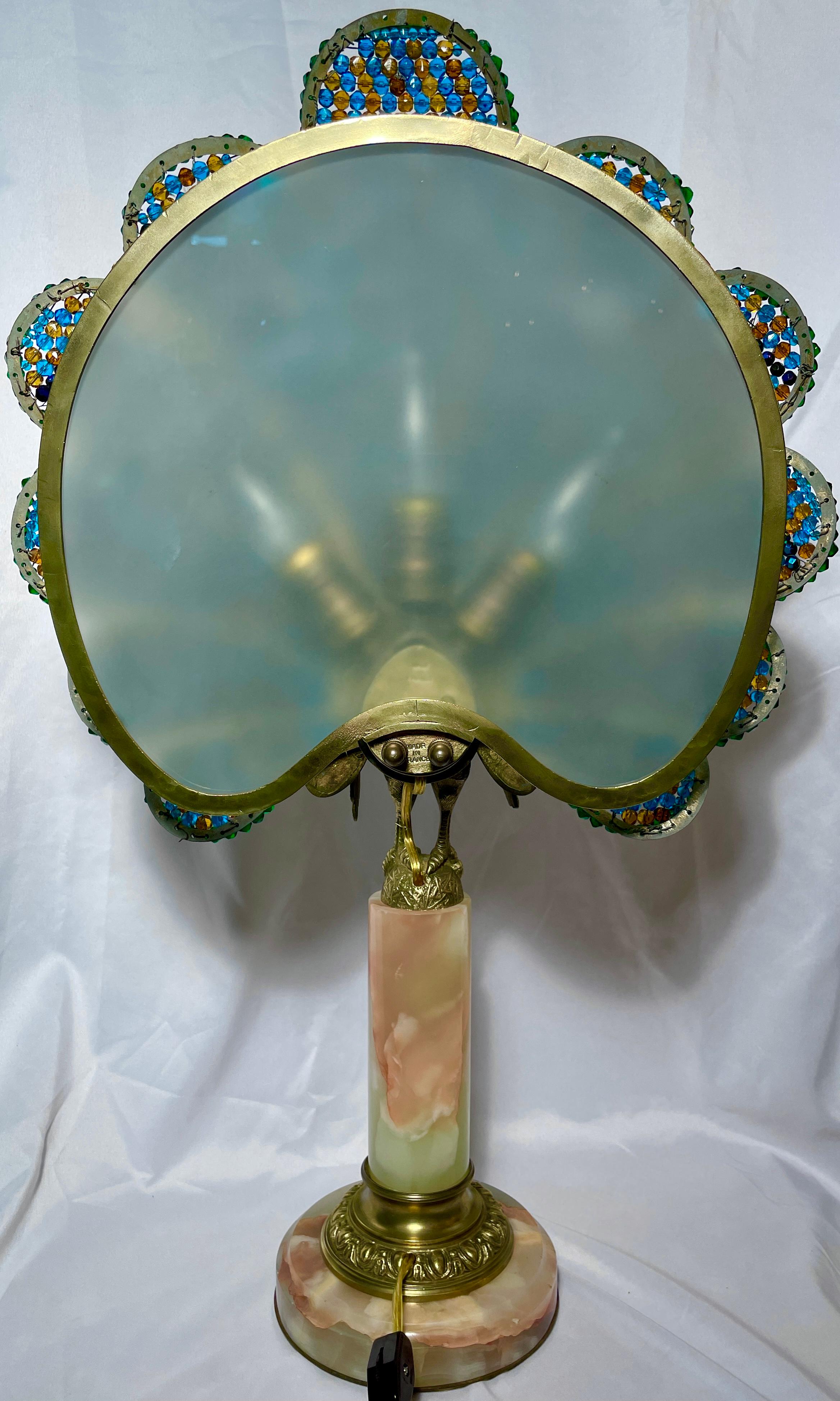 Antique French Art Deco Crystal & Gold Bronze Peacock Lamp on Onyx Base, Ca 1920 1