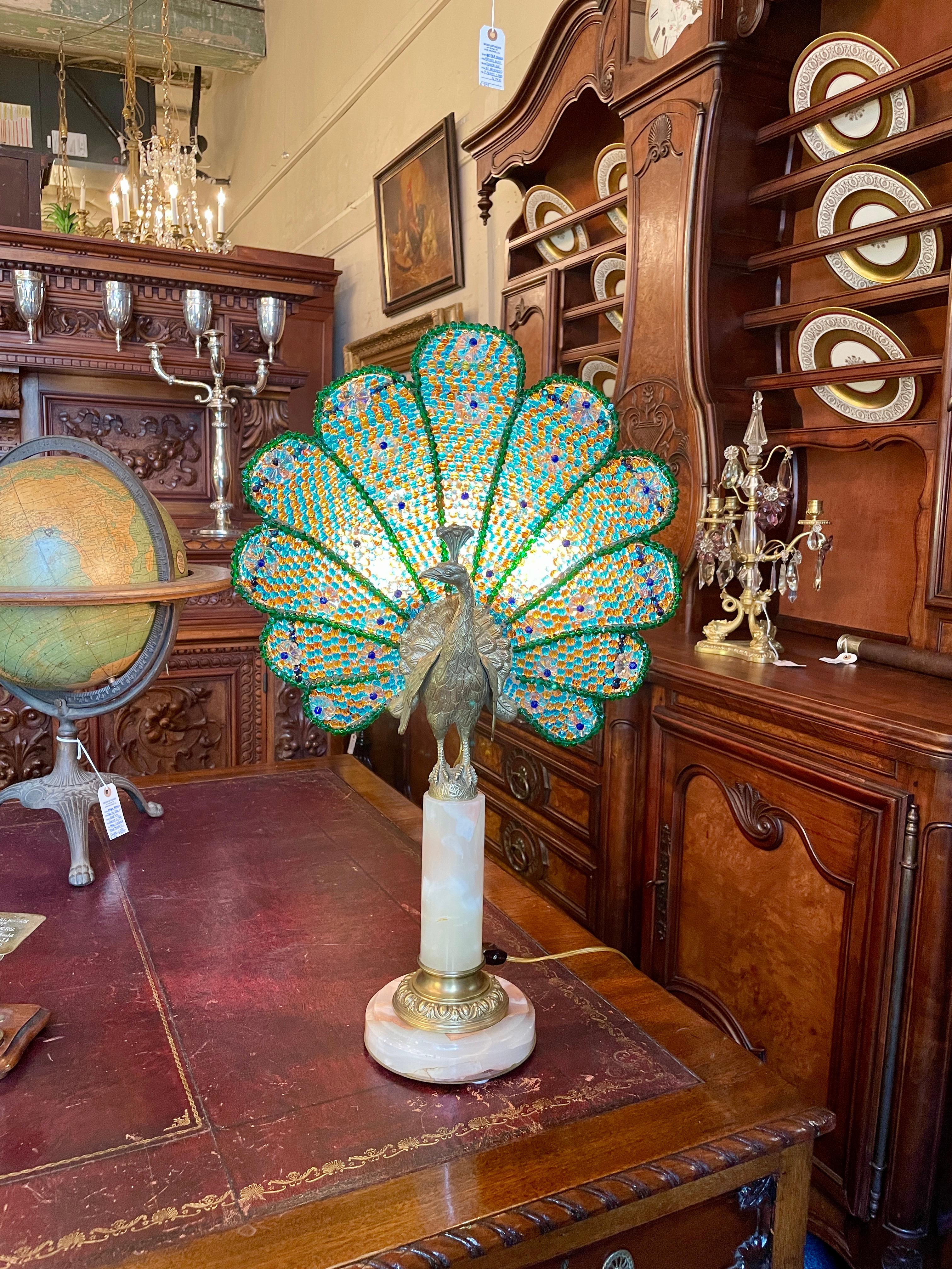 Antique French Art Deco Crystal & Gold Bronze Peacock Lamp on Onyx Base, Ca 1920 2