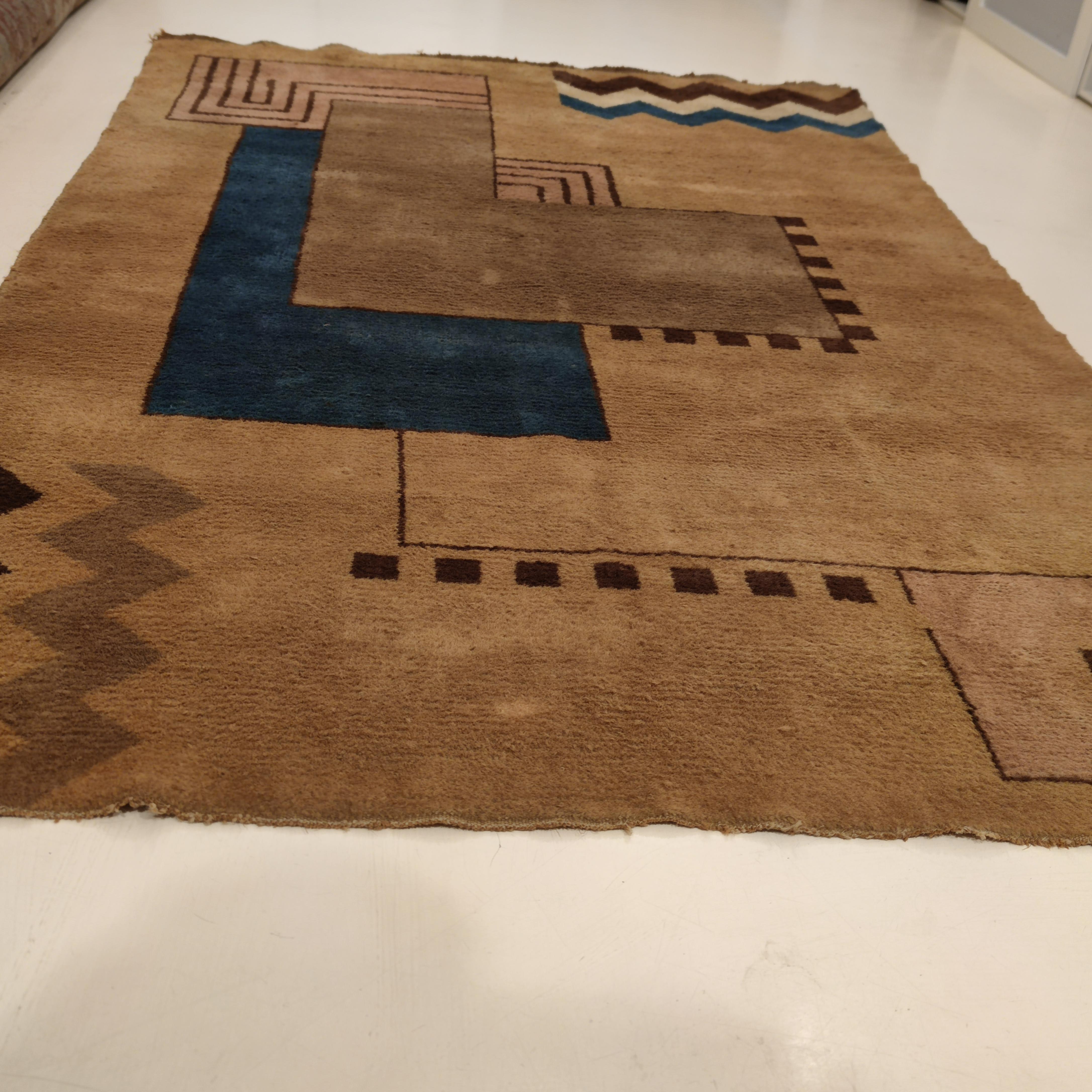 Wool Antique French Art Deco Cubist Design Rug Attributed to Ivan da Silva Bruhns For Sale