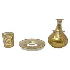 Antique French Art Deco Cut Glass with Gold-Leaf Carafe, Glass & Tray Circa 1920