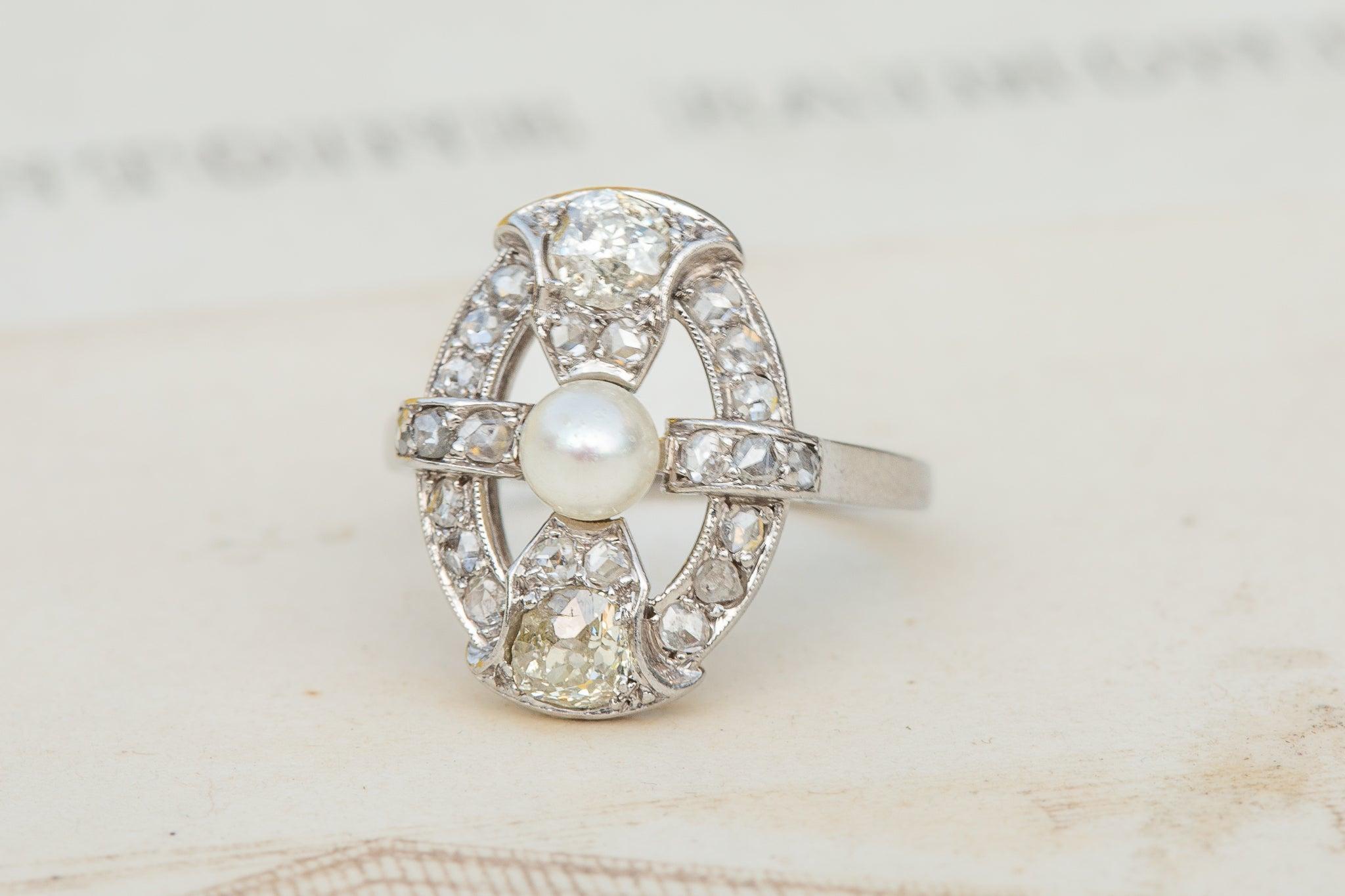 Taille rose Bague de fiançailles Art déco française ancienne en platine taille ancienne avec diamants en vente