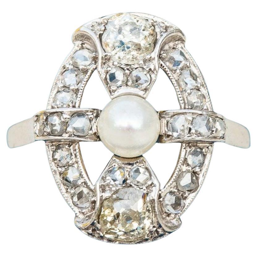 Bague de fiançailles Art déco française ancienne en platine taille ancienne avec diamants en vente
