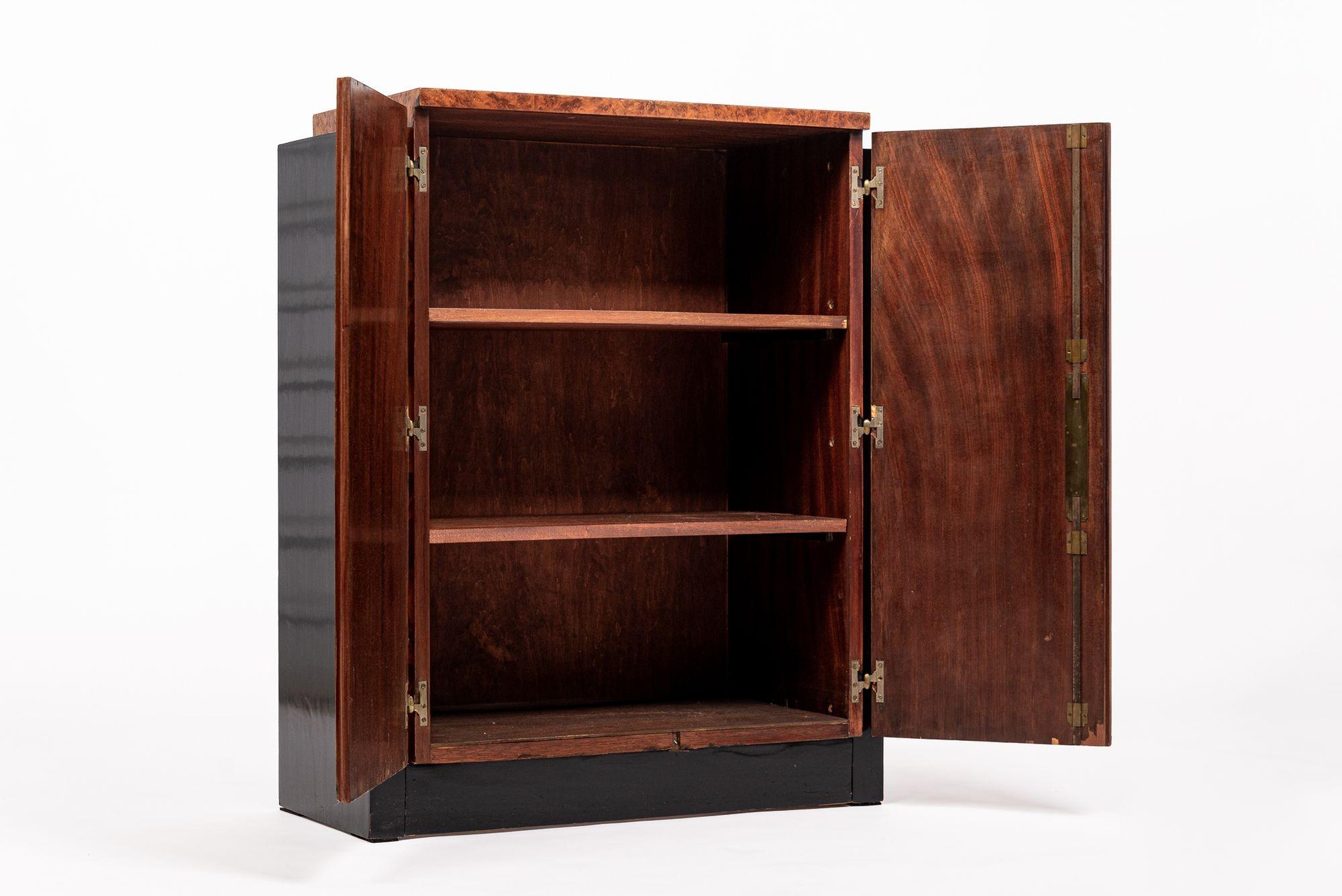 Brass Antique French Art Deco Elm Burl Wood Small Storage Cabinet, 1930s