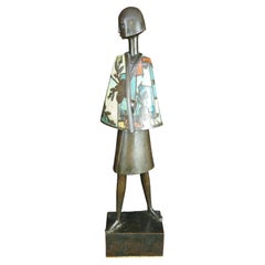 Antique French Art Deco Enameled Cloisonne Bronze Figural Woman Statue Sculpture