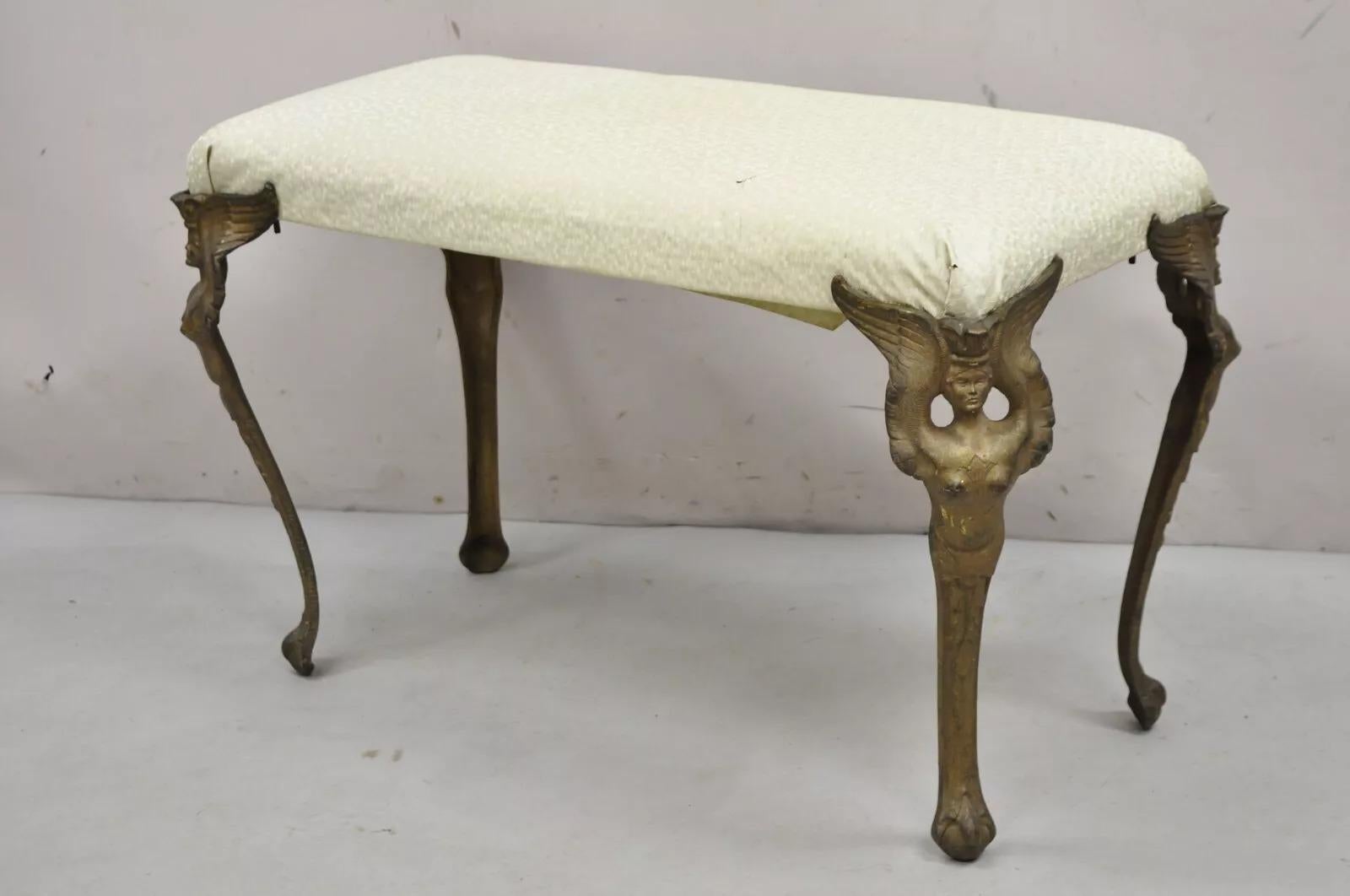 Antique French Art Deco Figural Bench With Cast Iron Winged Women Legs For Sale 6