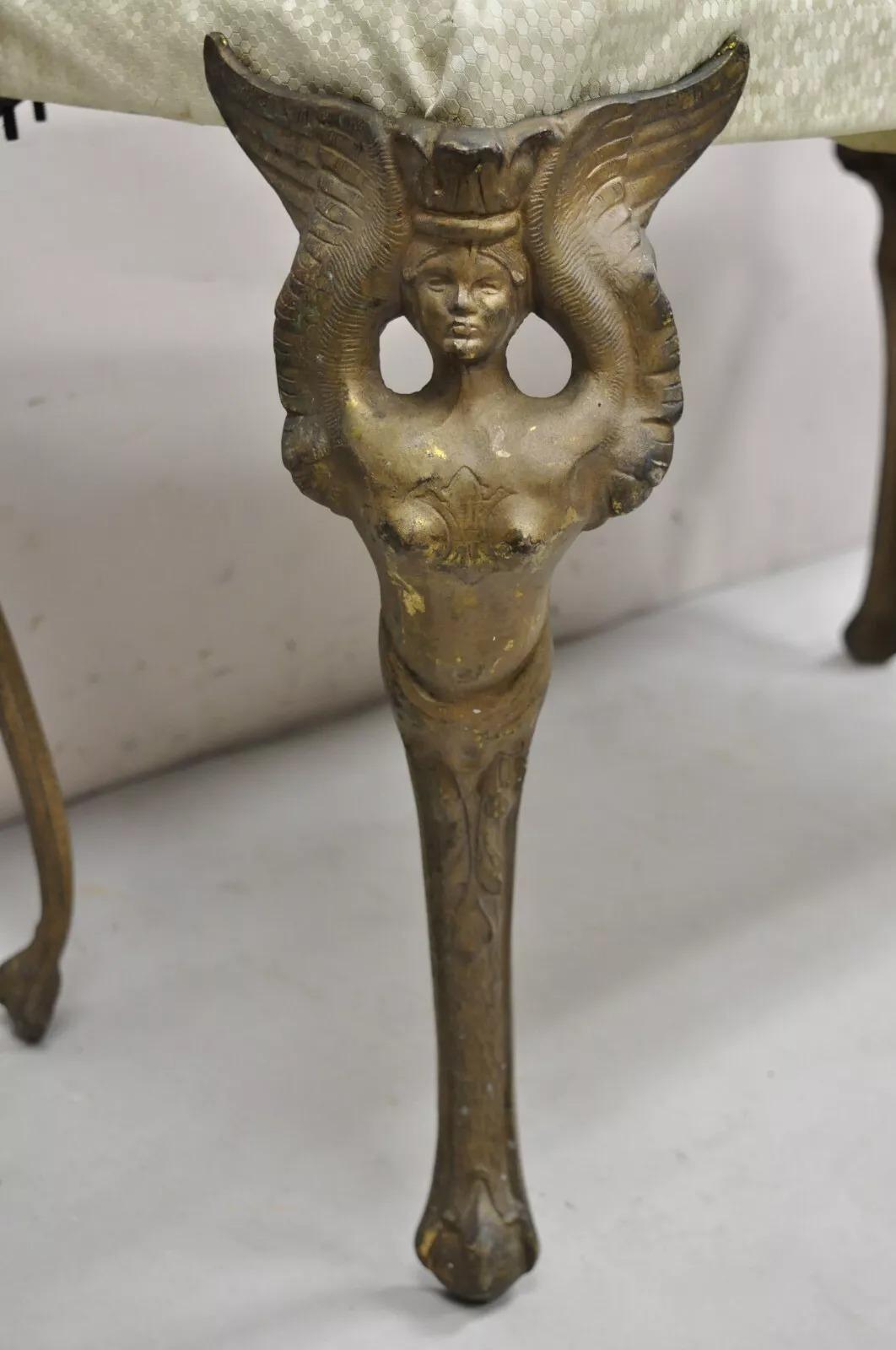Antique French Art Deco Figural Bench With Cast Iron Winged Women Legs. Early 20th Century. Measurements: 22