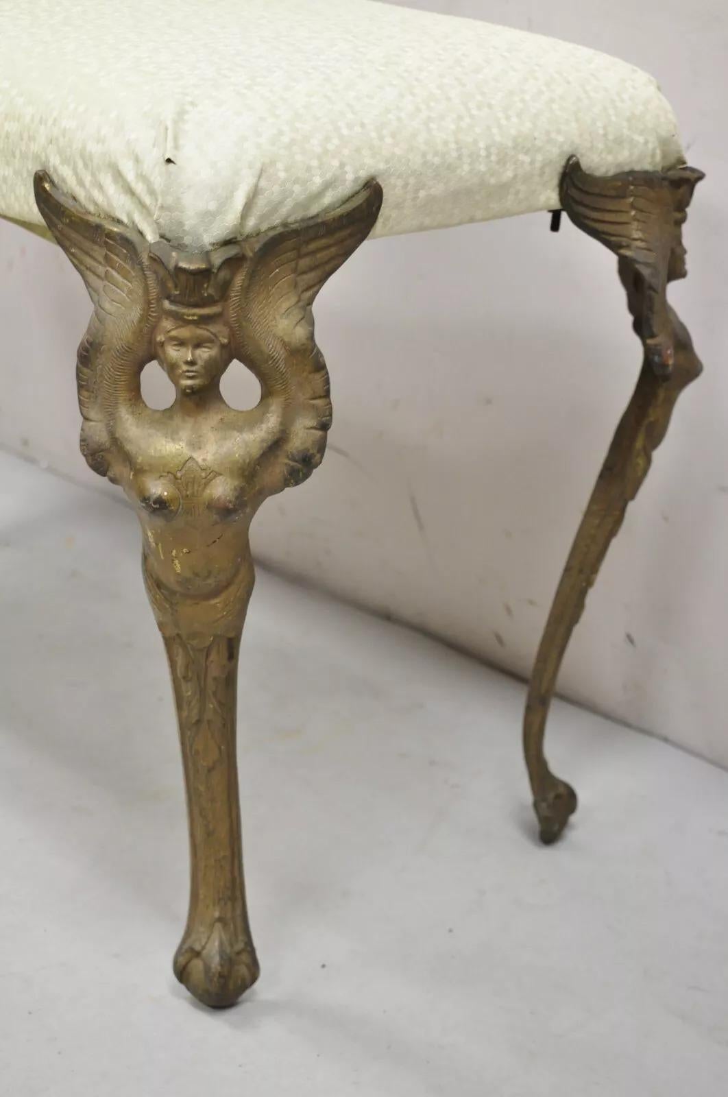 Antique French Art Deco Figural Bench With Cast Iron Winged Women Legs In Good Condition For Sale In Philadelphia, PA