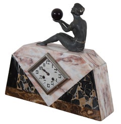 Antique French Art Deco Figural Bronze Girl W Orb Marble Desk Mantel Clock
