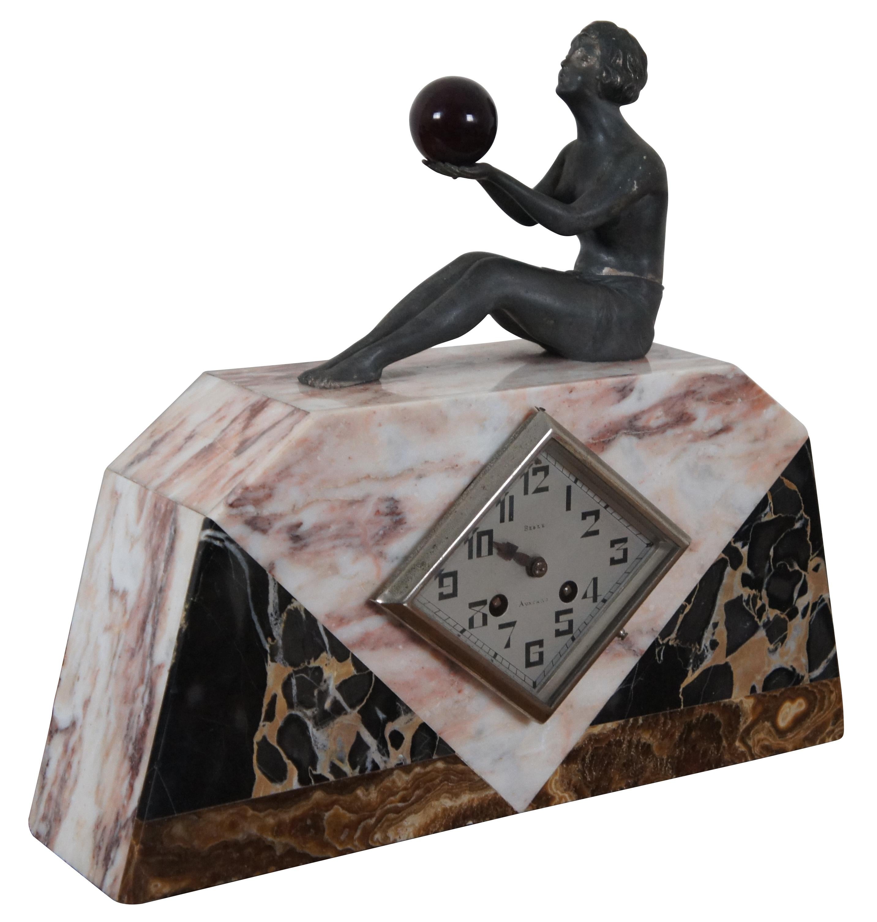 Antique French Art Deco Figural Bronze Girl W Orb Marble Desk Mantel Clock In Good Condition For Sale In Dayton, OH