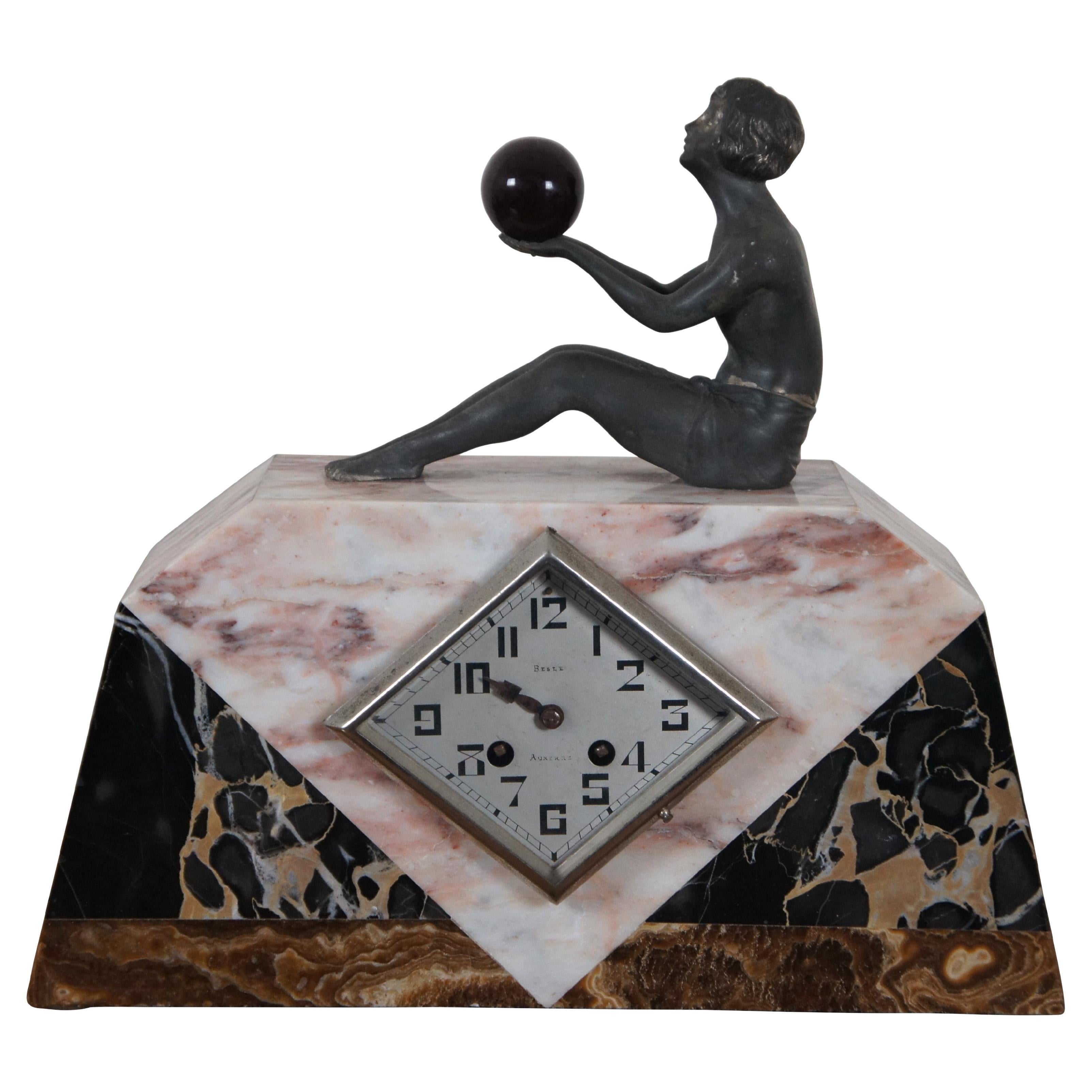 Antique French Art Deco Figural Bronze Girl W Orb Marble Desk Mantel Clock For Sale