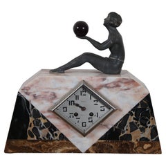 Vintage French Art Deco Figural Bronze Girl W Orb Marble Desk Mantel Clock