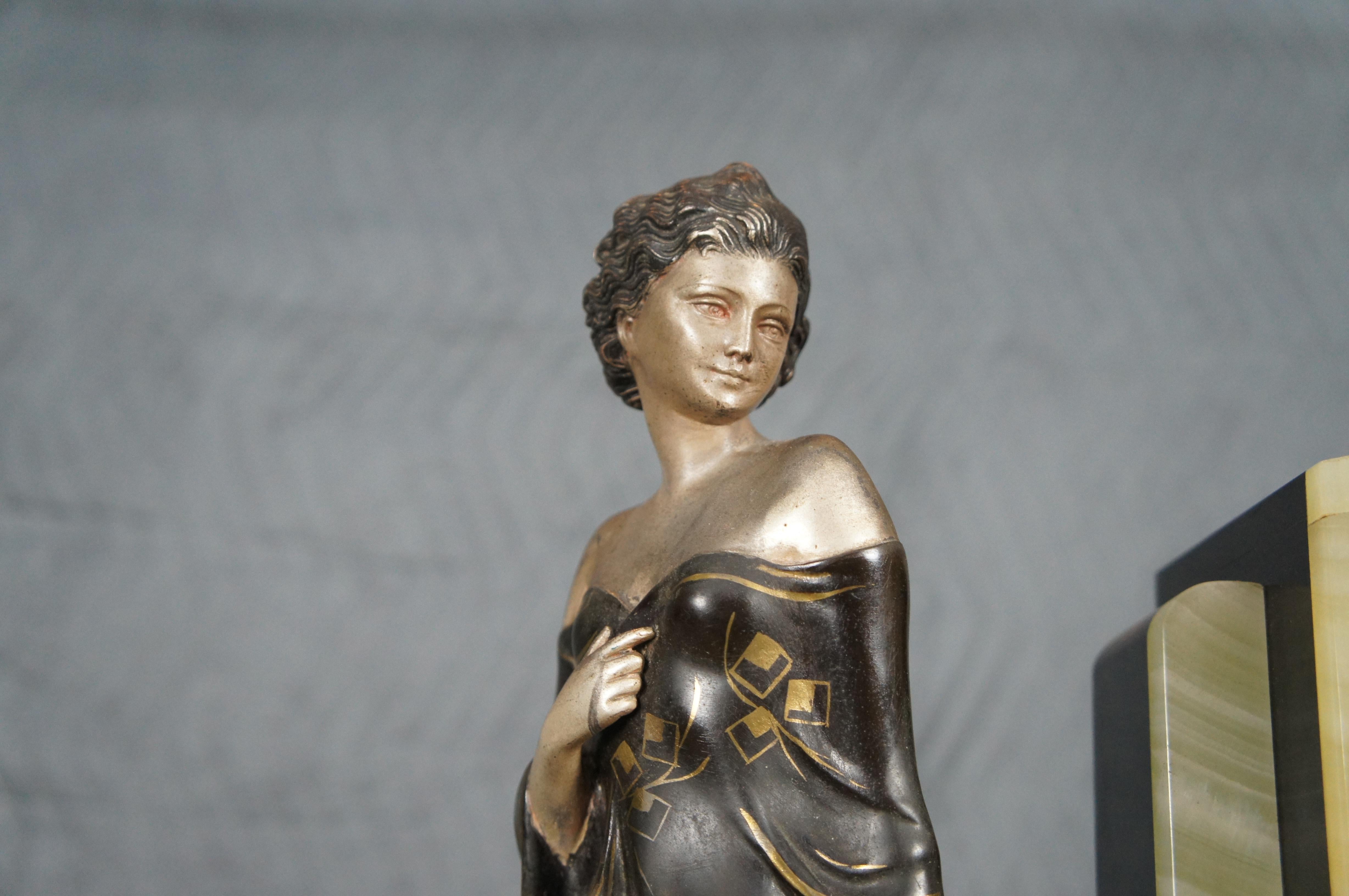 Antikes französisches Art-Déco-Kaminuhr-Set aus Zinn und Onyx mit Figuren, Uriano im Angebot 6