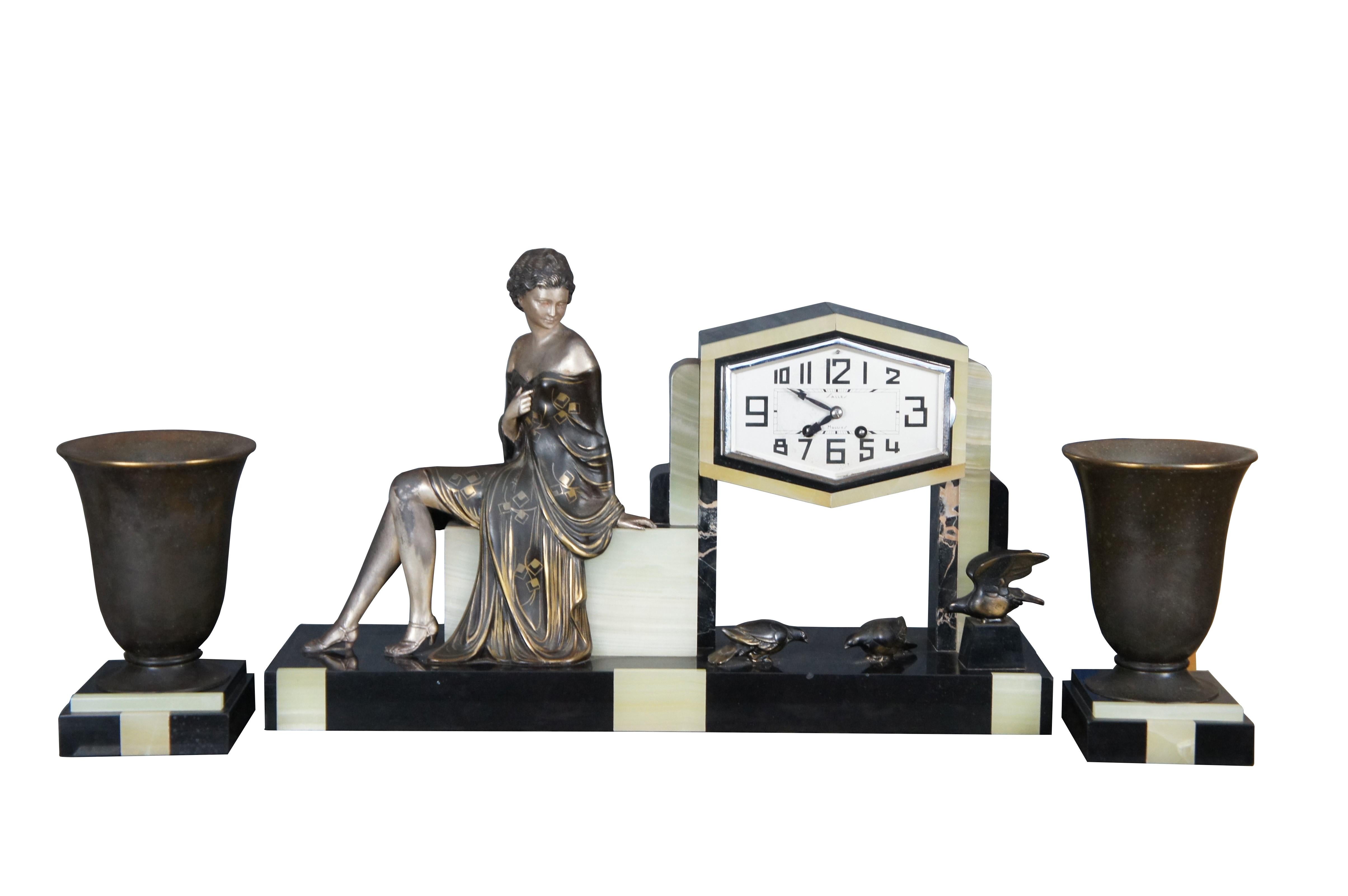 Antique French Art Deco Figural Spelter & Onyx Garniture Mantel Clock Set Uriano For Sale