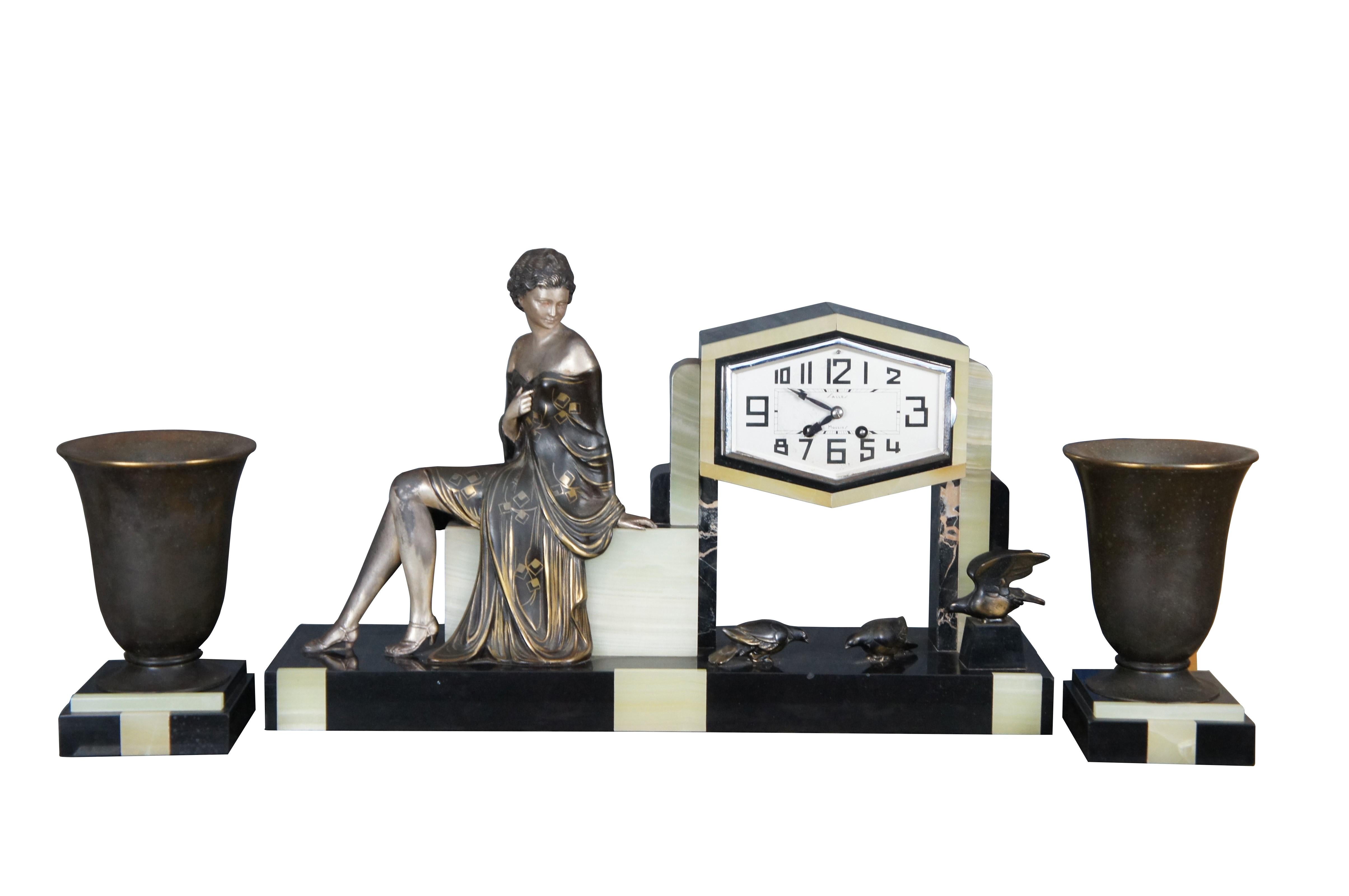 Antique French Art Deco Figural Spelter & Onyx Garniture Mantel Clock Set Uriano