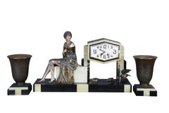 Antikes französisches Art-Déco-Kaminuhr-Set aus Zinn und Onyx mit Figuren, Uriano