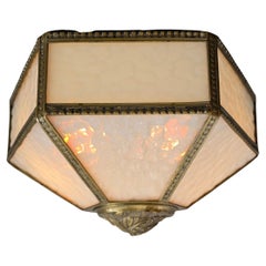 Antique French Art Deco Flush Mount Ceiling Light in Glass and Bronze, circa 192