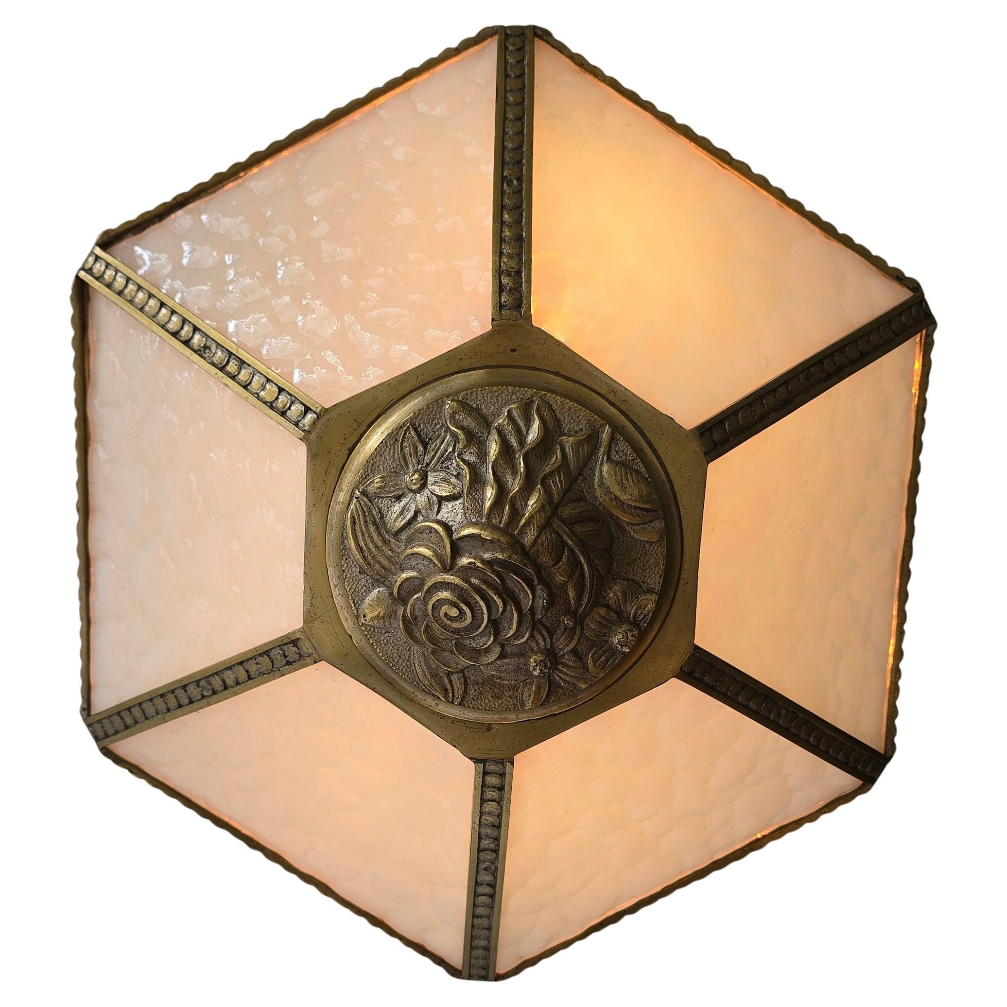 Antique French Art Deco Flush Mount Ceiling Light in Glass and Bronze, circa 192 In Good Condition For Sale In Antwerp, BE