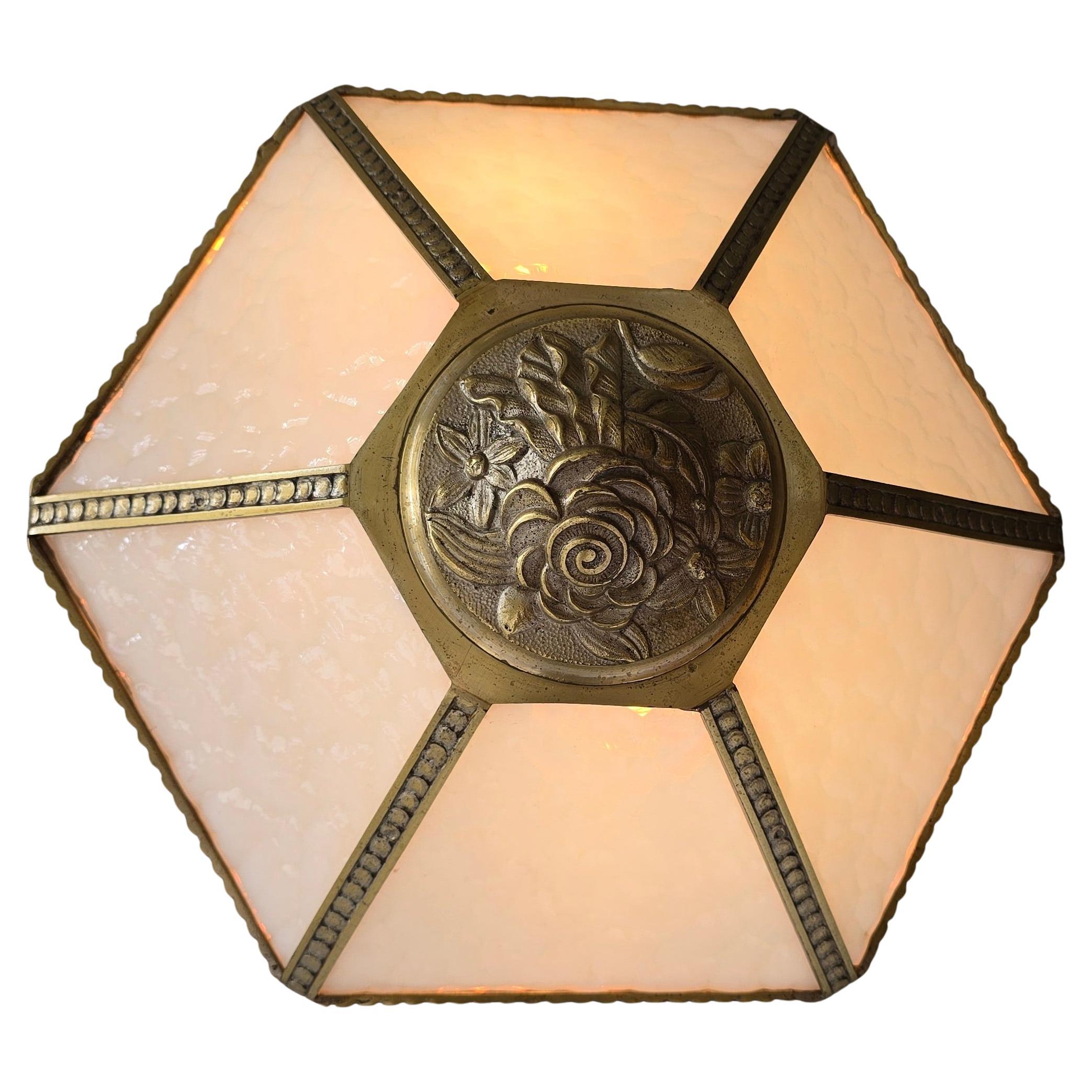 20th Century Antique French Art Deco Flush Mount Ceiling Light in Glass and Bronze, circa 192 For Sale