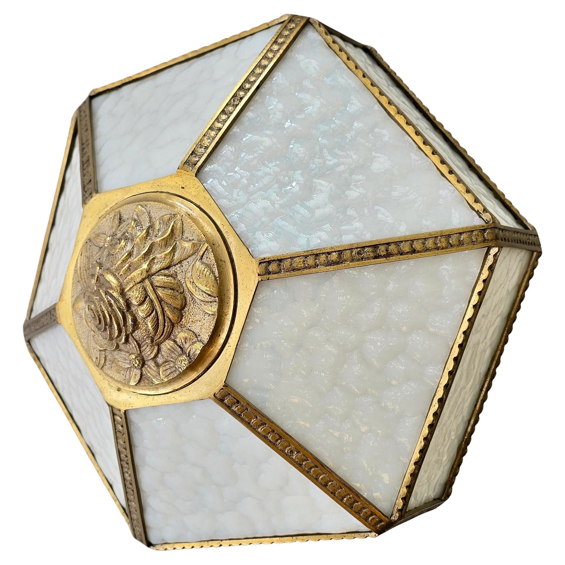 Antique French Art Deco Flush Mount Ceiling Light in Glass and Bronze, circa 192 For Sale 1