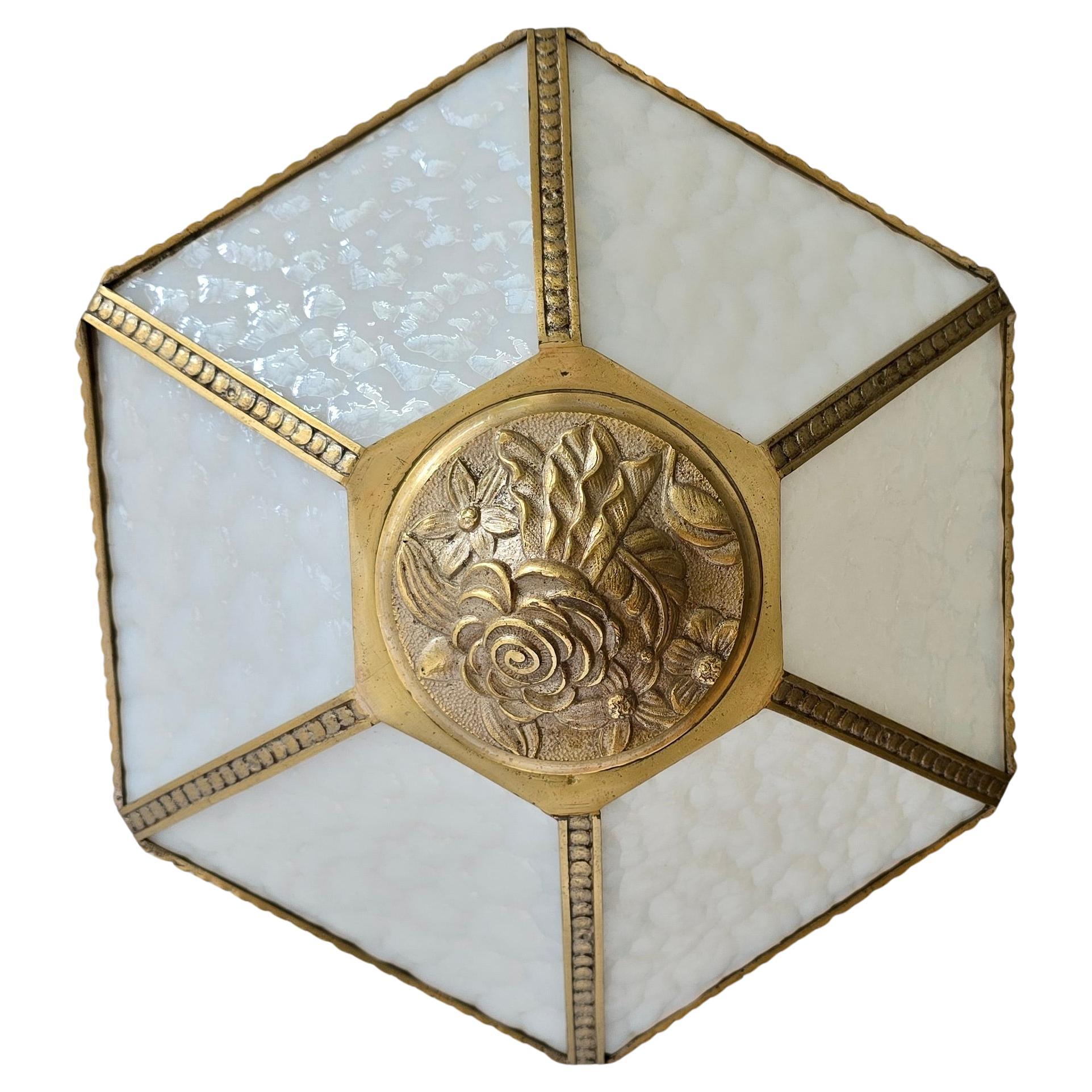 Antique French Art Deco Flush Mount Ceiling Light in Glass and Bronze, circa 192 For Sale 2