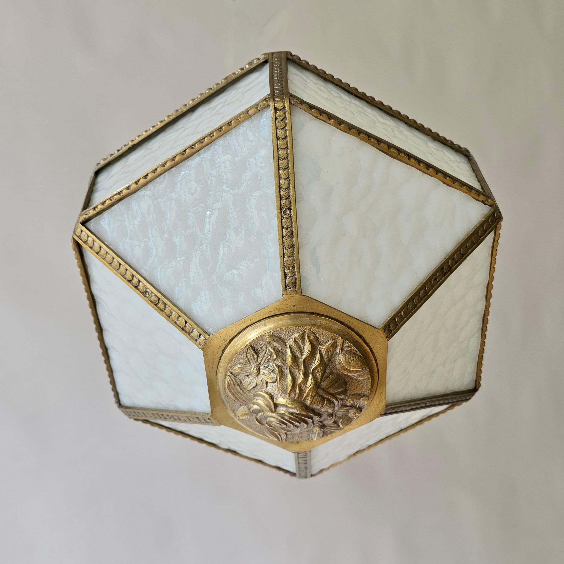 Antique French Art Deco Flush Mount Ceiling Light in Glass and Bronze, circa 192 For Sale 3