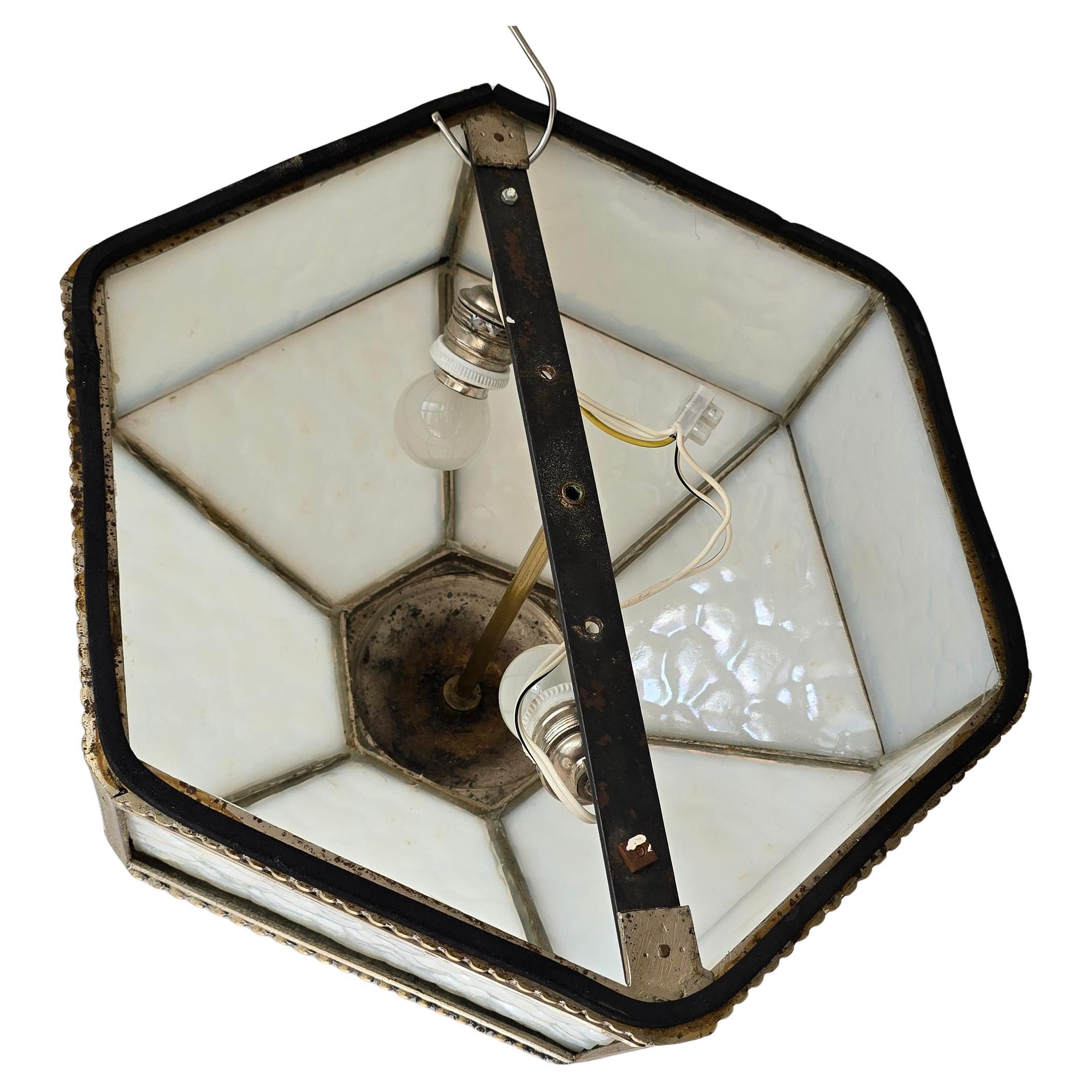 Antique French Art Deco Flush Mount Ceiling Light in Glass and Bronze, circa 192 For Sale 4