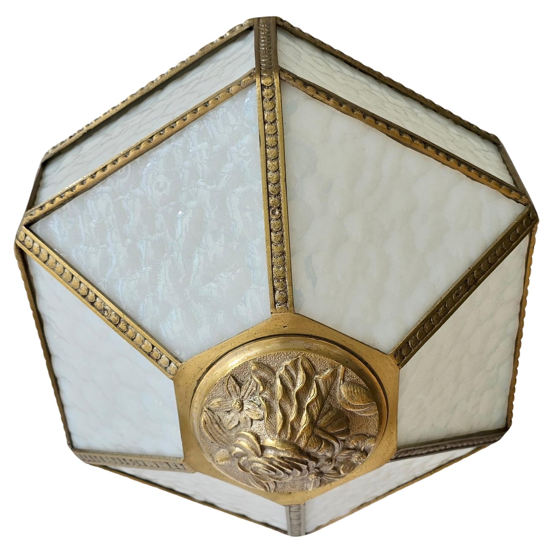 Antique French Art Deco Flush Mount Ceiling Light in Glass and Bronze, circa 192 For Sale