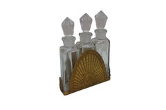 Antique French Art Deco Gilt Bronze Crystal Perfume Decanter Bottle Caddy Set 5"