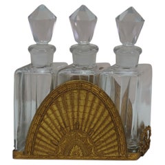 Antique French Art Deco Gilt Bronze Crystal Perfume Decanter Bottle Caddy Set 5"