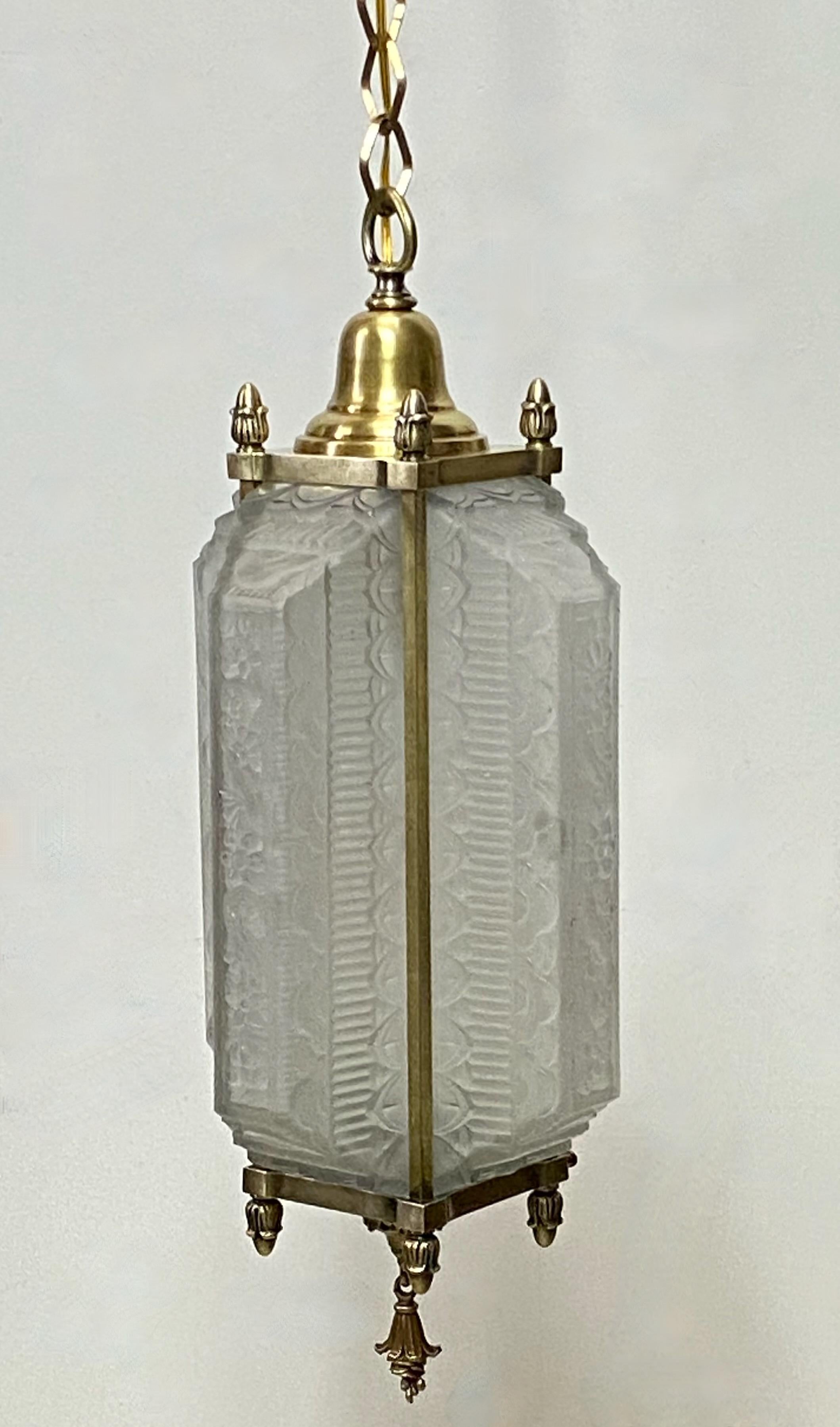 20th Century Antique French Art Deco Glass and Brass Pendant Light Fixture, 1920's