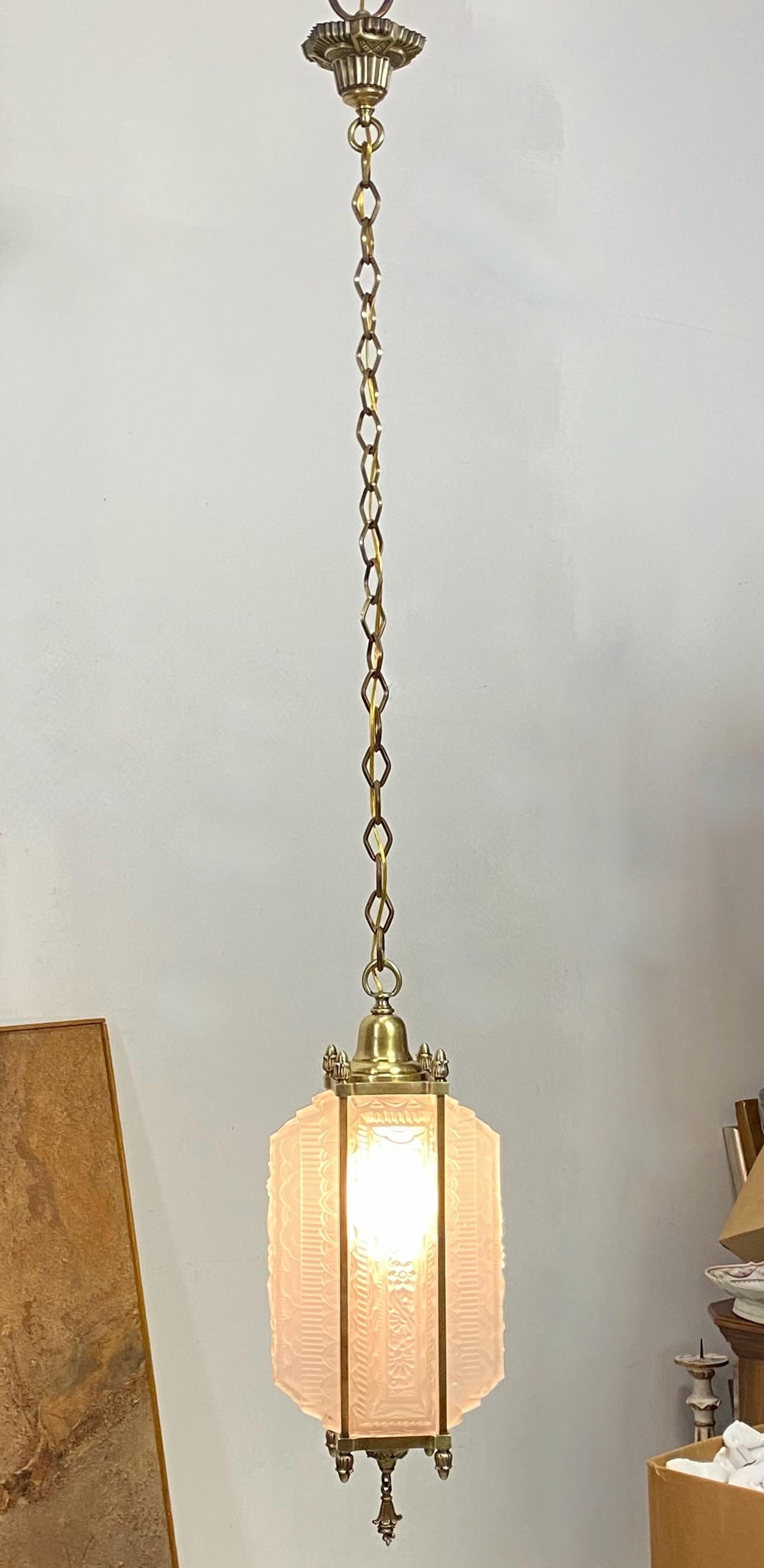 Antique French Art Deco Glass and Brass Pendant Light Fixture, 1920's 1