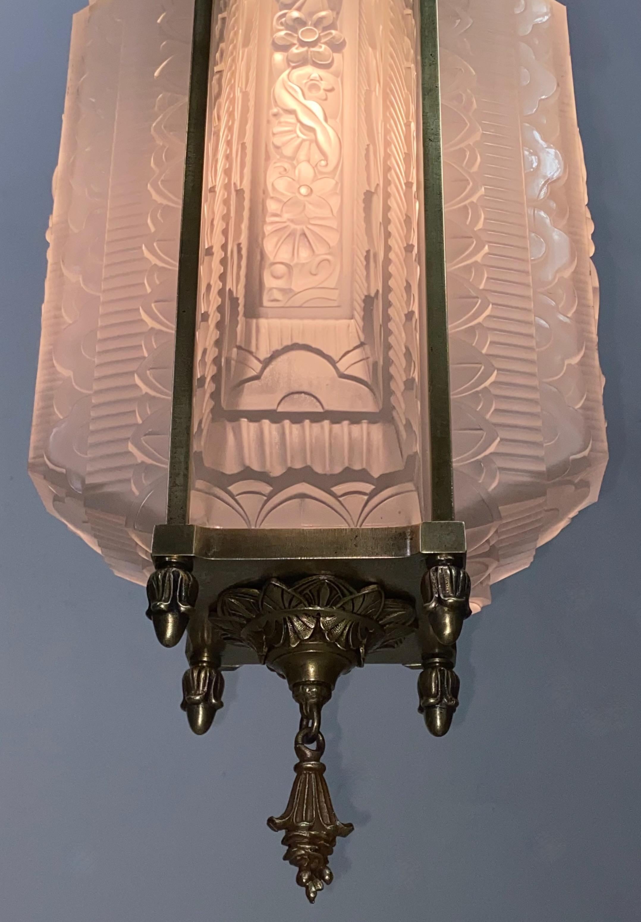 Antique French Art Deco Glass and Brass Pendant Light Fixture, 1920's 2