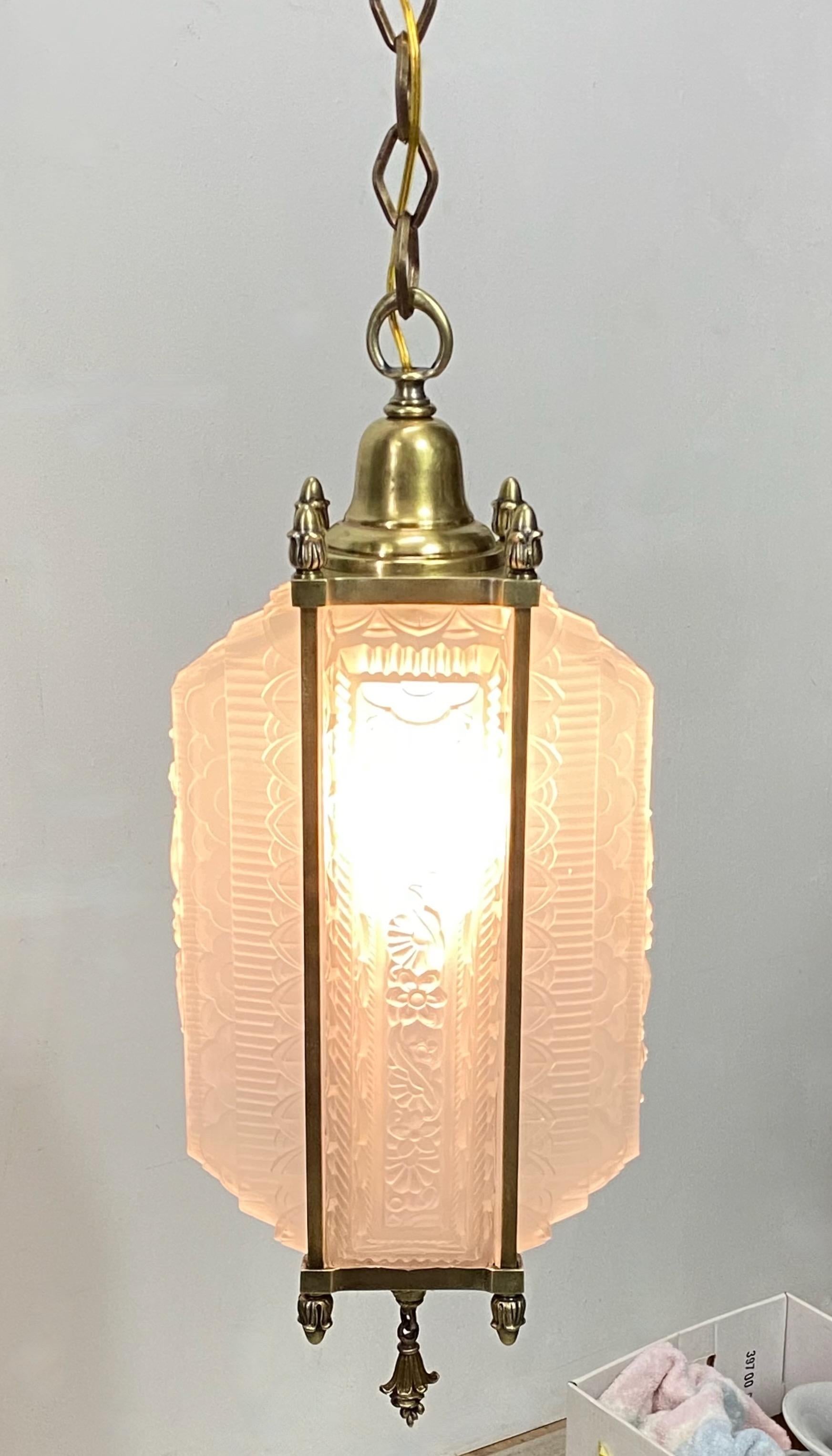 Antique French Art Deco Glass and Brass Pendant Light Fixture, 1920's 3