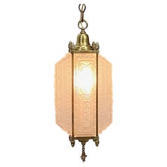 Antique French Art Deco Glass and Brass Pendant Light Fixture, 1920's
