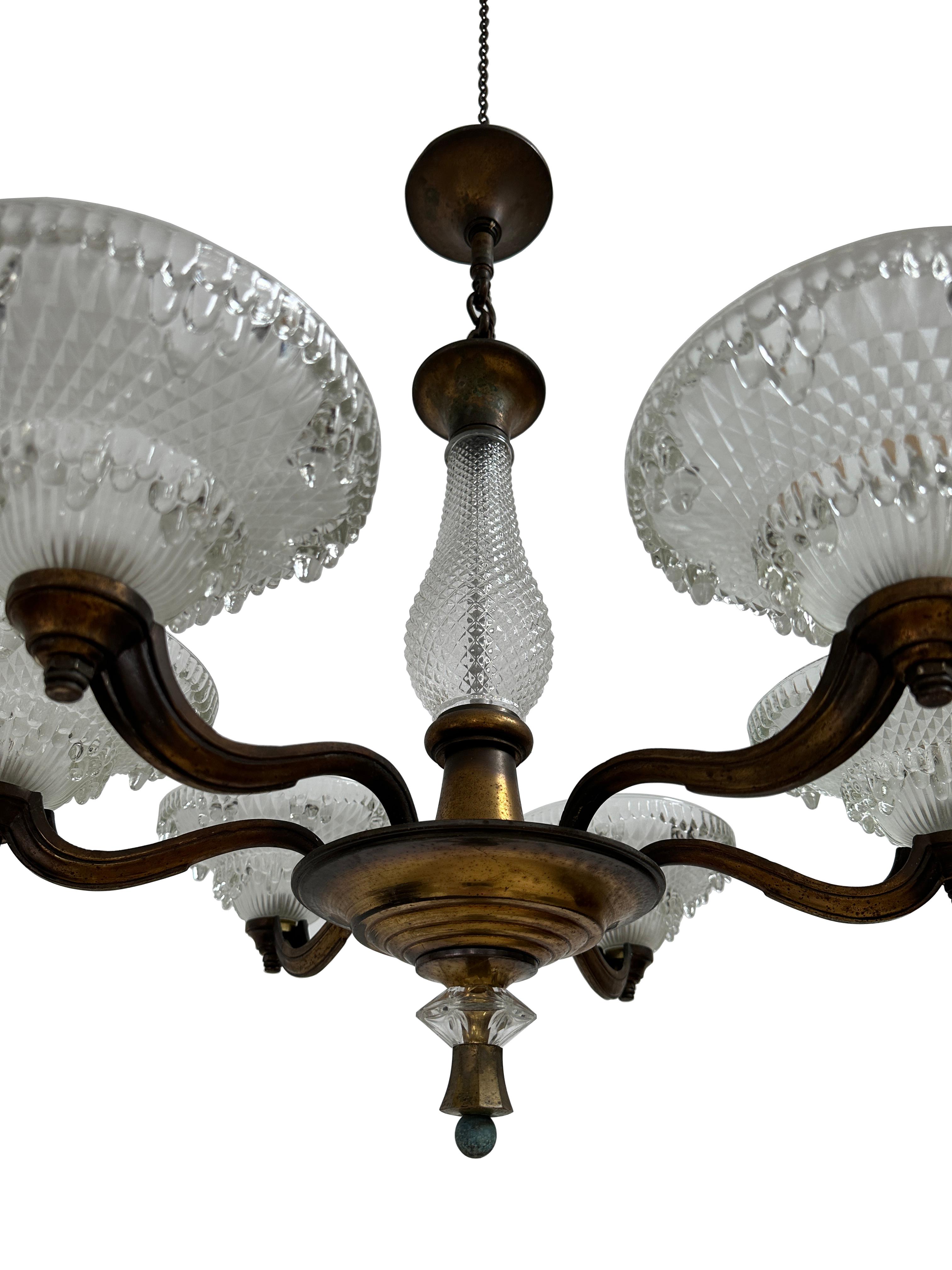 Antique French Art Deco Glass Ceiling Pendant Chandelier Light By Petitot & Ezan In Good Condition For Sale In Sale, GB