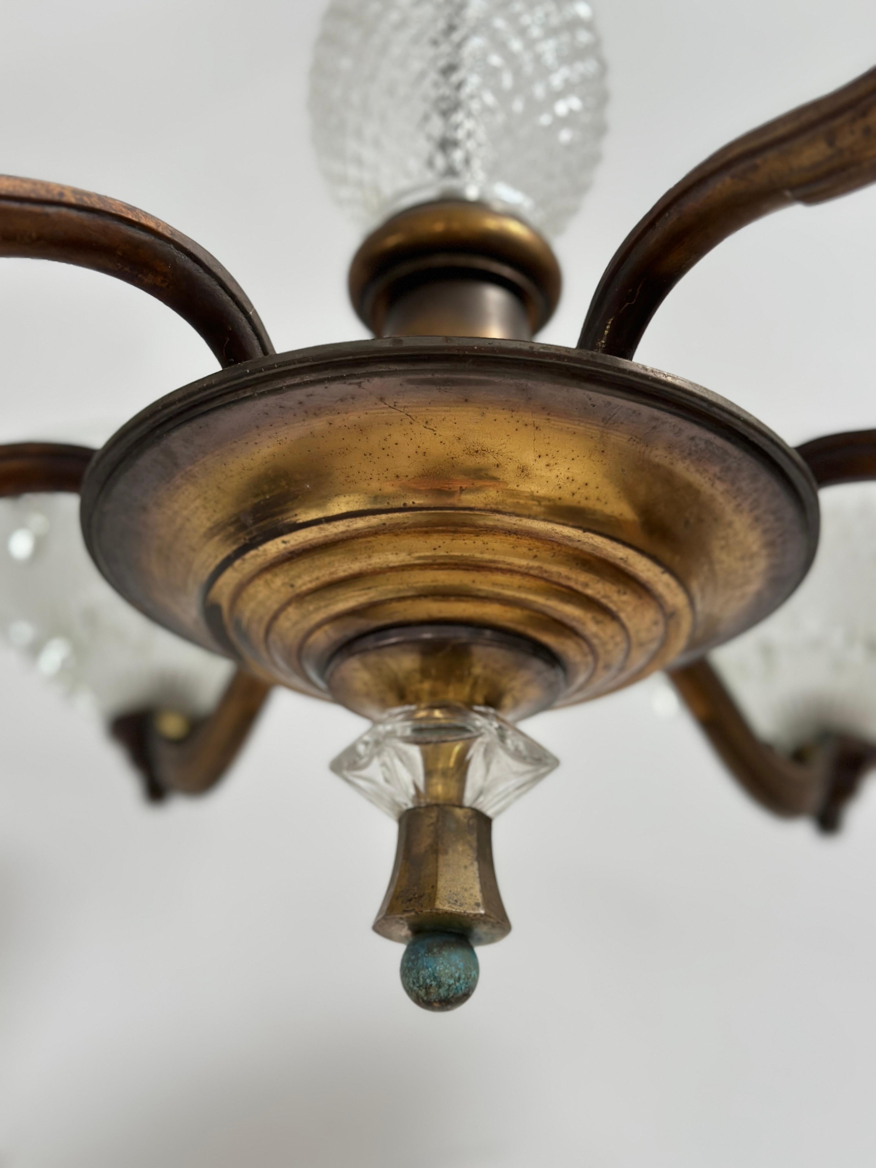 20th Century Antique French Art Deco Glass Ceiling Pendant Chandelier Light By Petitot & Ezan For Sale
