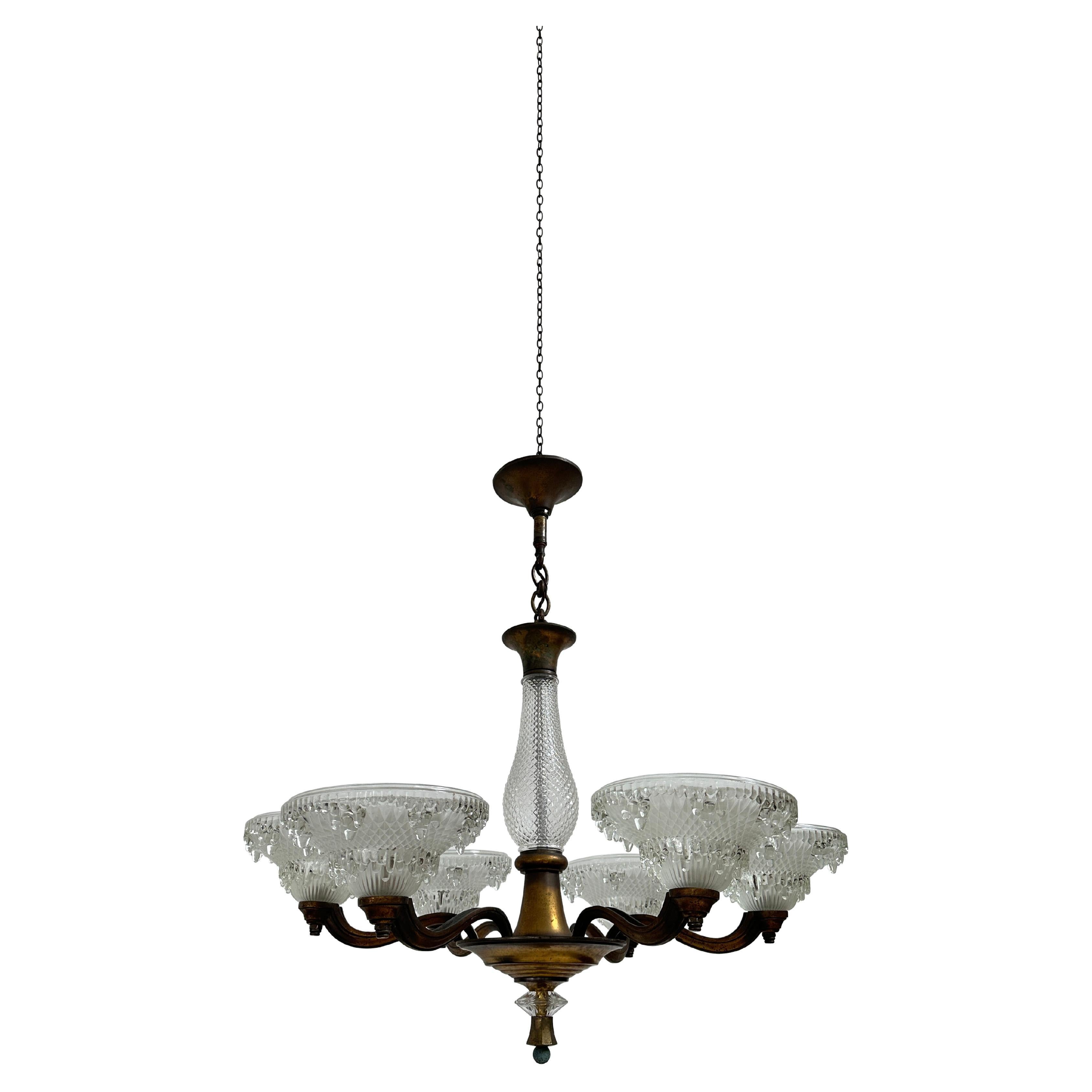 Antique French Art Deco Glass Ceiling Pendant Chandelier Light By Petitot & Ezan For Sale