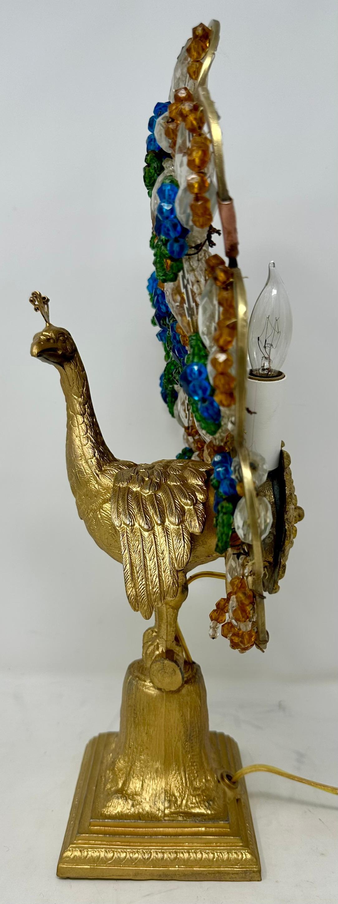 Lampe paon Art déco française ancienne en bronze doré et perles colorées, vers 1910 Bon état - En vente à New Orleans, LA