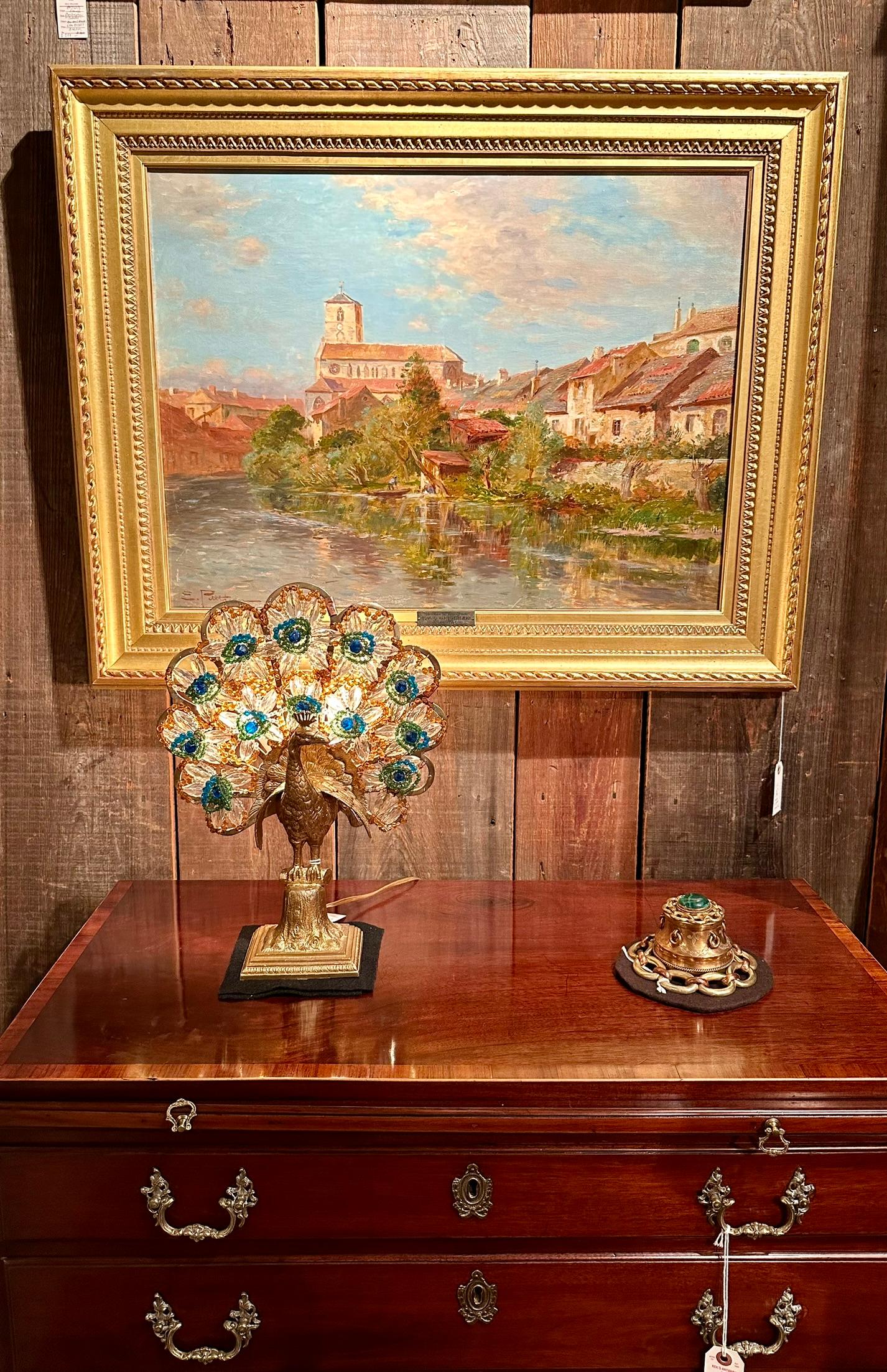 Lampe paon Art déco française ancienne en bronze doré et perles colorées, vers 1910 en vente 1