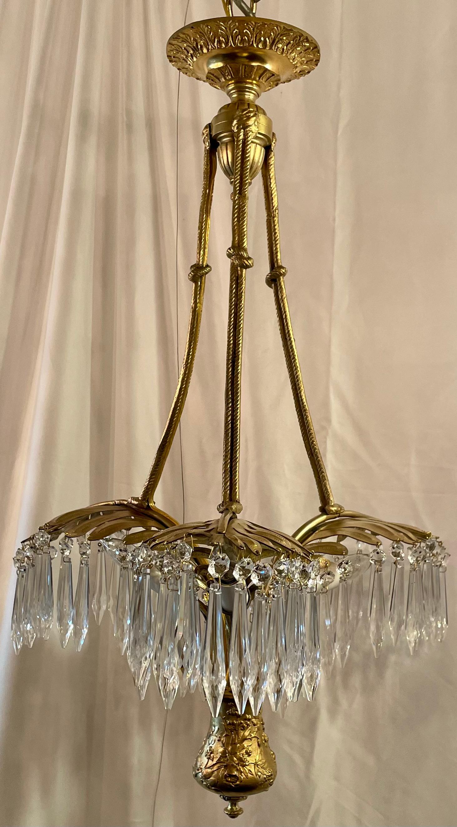 Antique French Art Deco Gold Bronze & Cut Crystal Palm Chandelier, Circa 1910. In Good Condition In New Orleans, LA