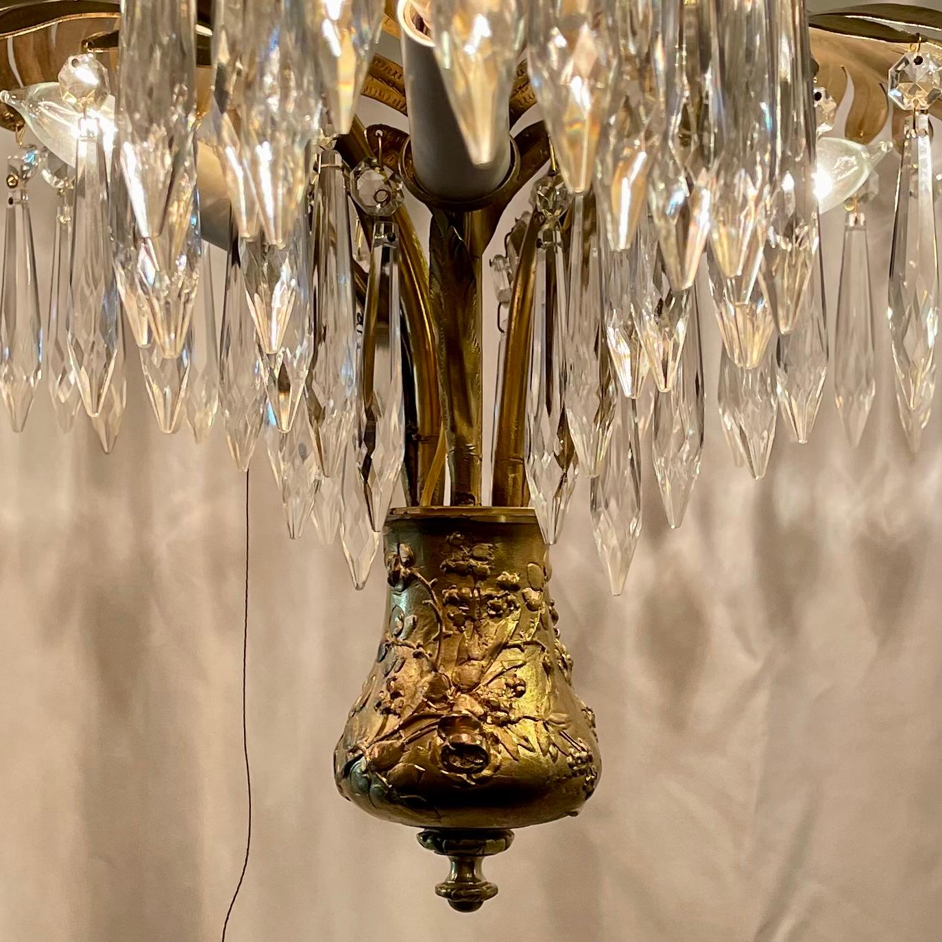 20th Century Antique French Art Deco Gold Bronze & Cut Crystal Palm Chandelier, Circa 1910.