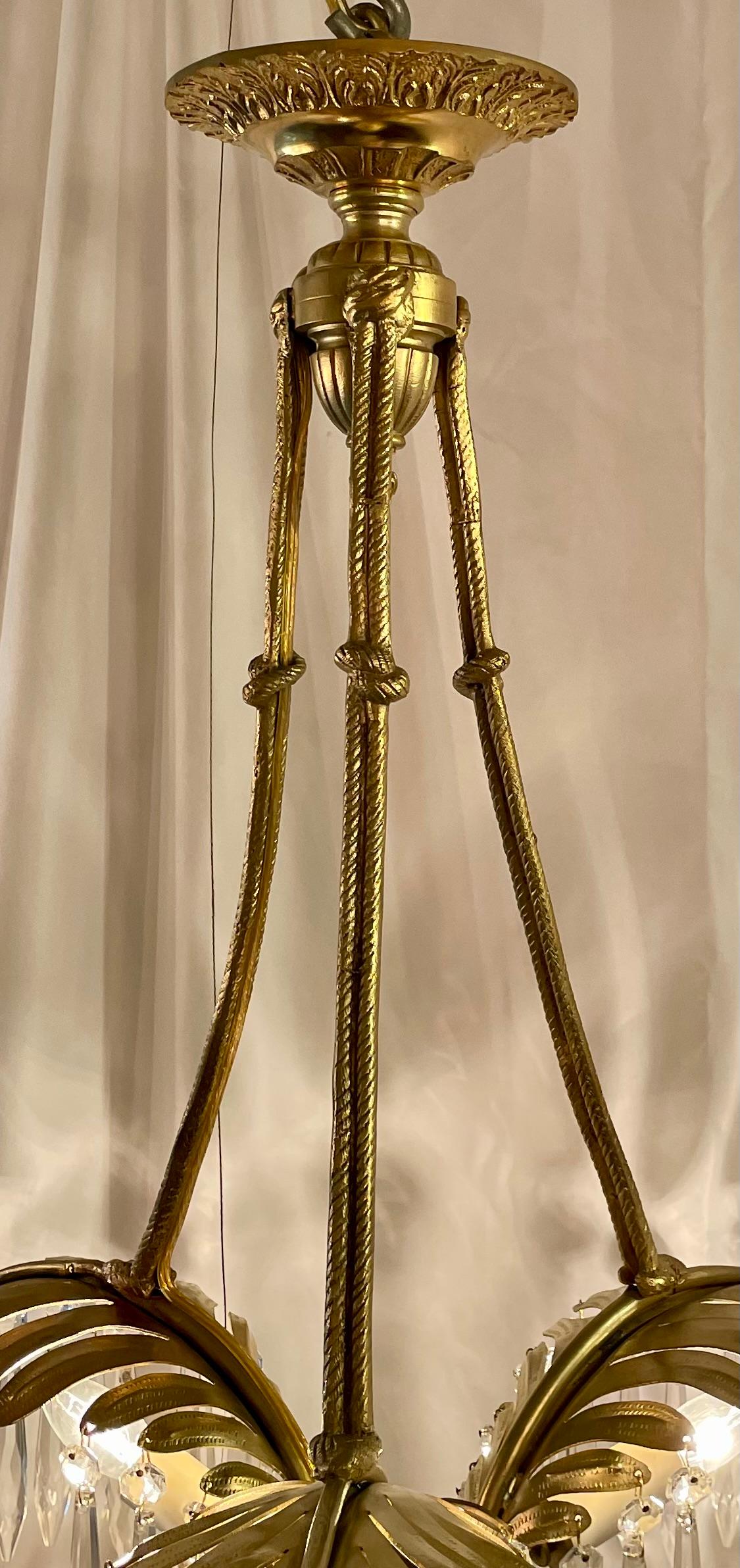 Antique French Art Deco Gold Bronze & Cut Crystal Palm Chandelier, Circa 1910. 3