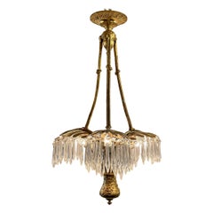 Antique French Art Deco Gold Bronze & Cut Crystal Palm Chandelier, Circa 1910.