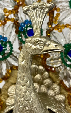 Antique French Art Deco Gold Bronze Peacock Lamp with Crystal Tail, Circa 1900's