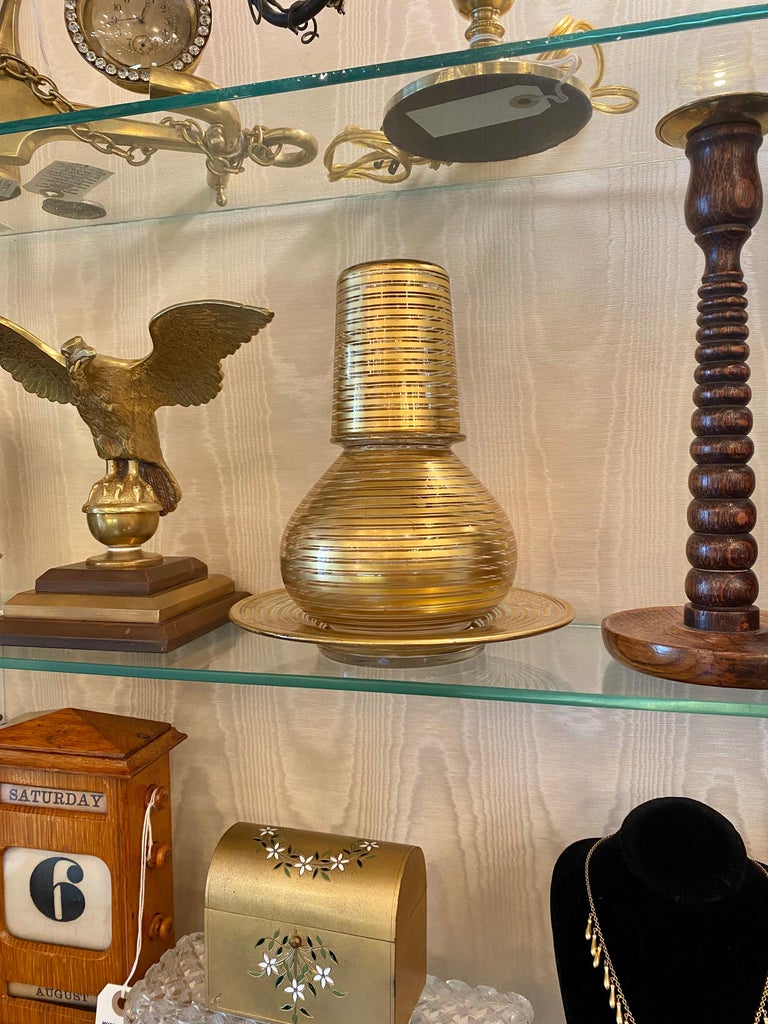 Antique French Art Deco GoldLeaf Bedside Carafe, Glass and Tray, circa