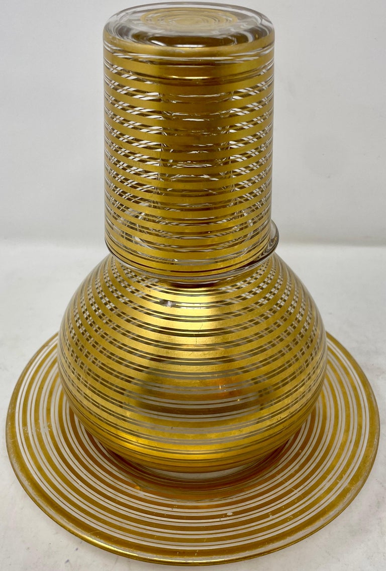 Antique French Art Deco GoldLeaf Bedside Carafe, Glass and Tray, circa