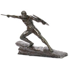 Antique French Art Deco Green Patinated Bronze of Semi-Nude Warrior, 1930s