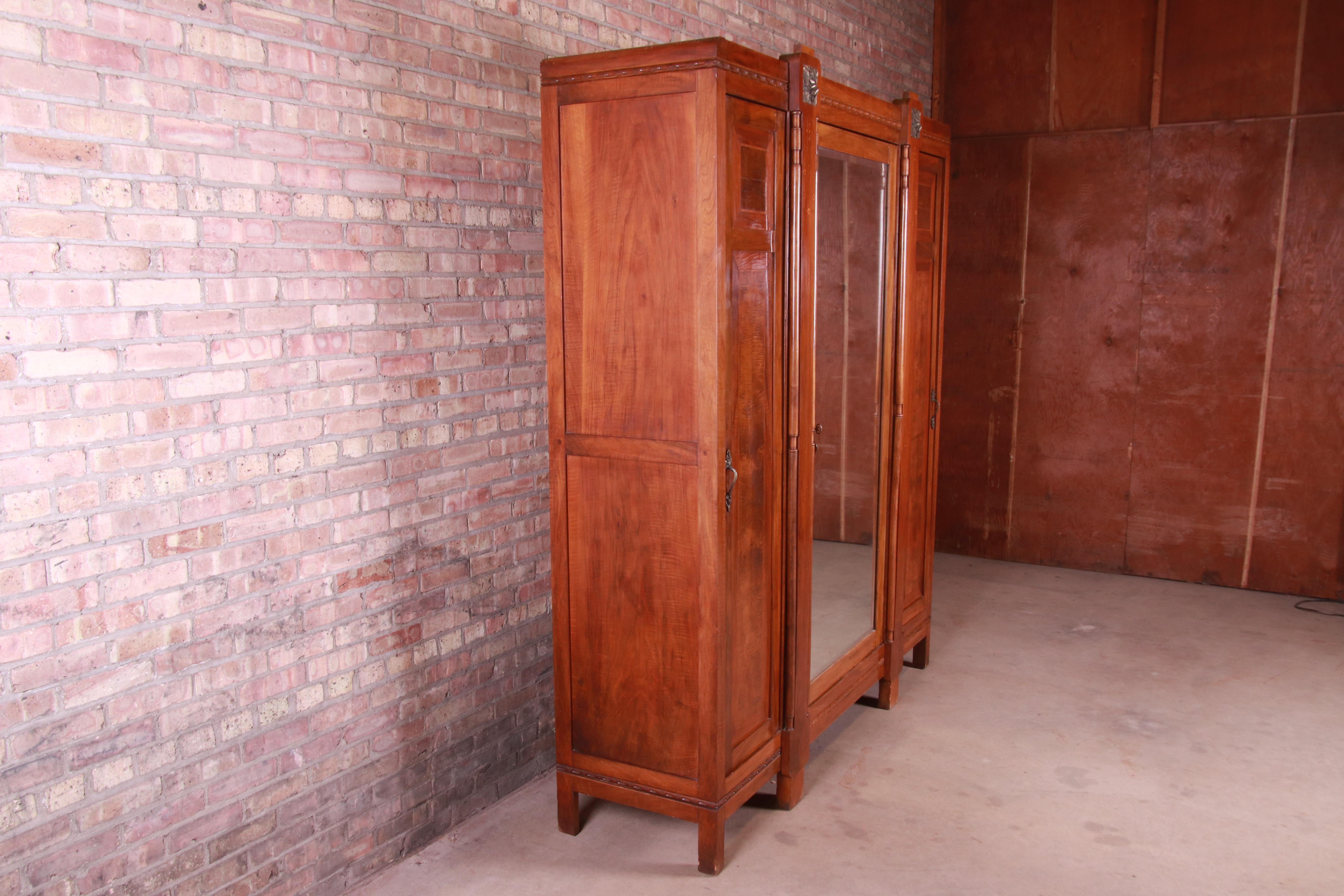 Antique French Art Deco Inlaid Mahogany Mirrored Knockdown Armoire, circa 1920s 5