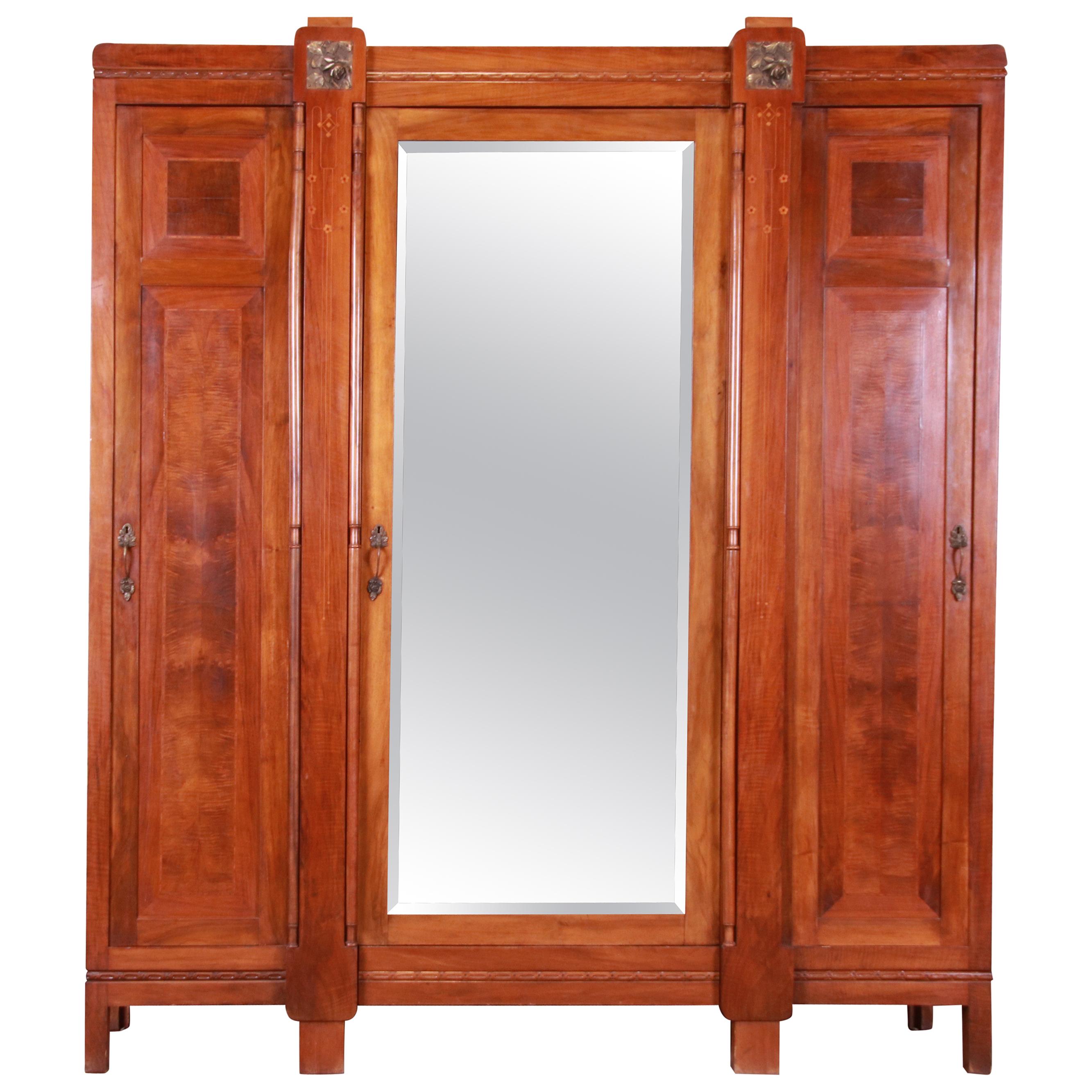 Antique French Art Deco Inlaid Mahogany Mirrored Knockdown Armoire, circa 1920s