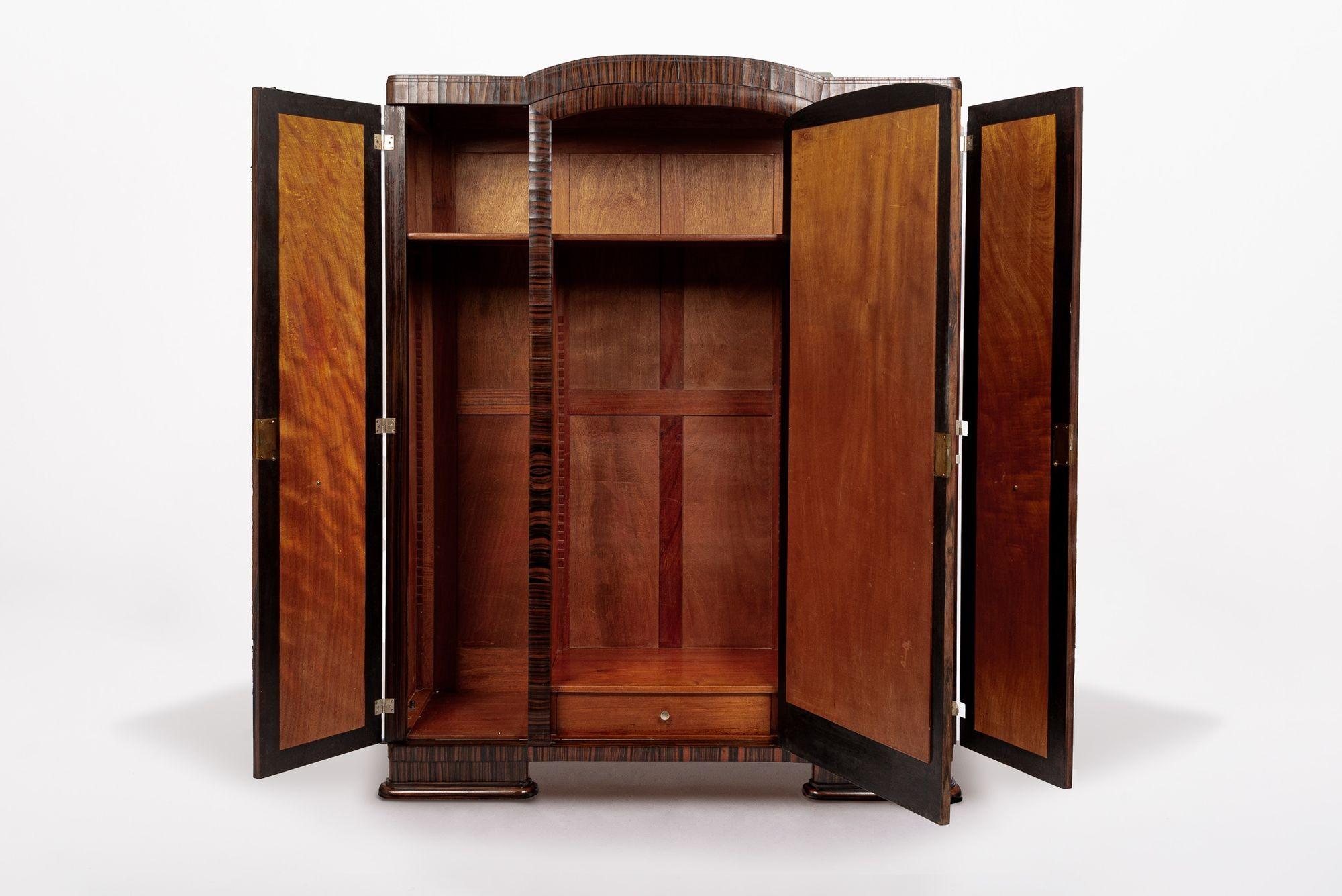 Antique French Art Deco Macassar Ebony Wood Armoire Cabinet 1940s In Good Condition For Sale In Detroit, MI